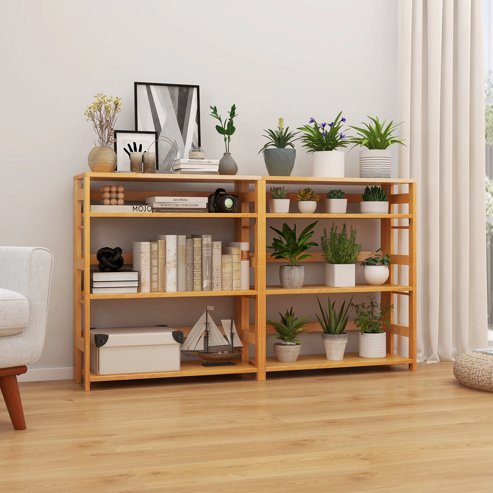 SUGIFT 4-Tier Bookshelf with Side Fences 33-lb Shelf Capacity Natural