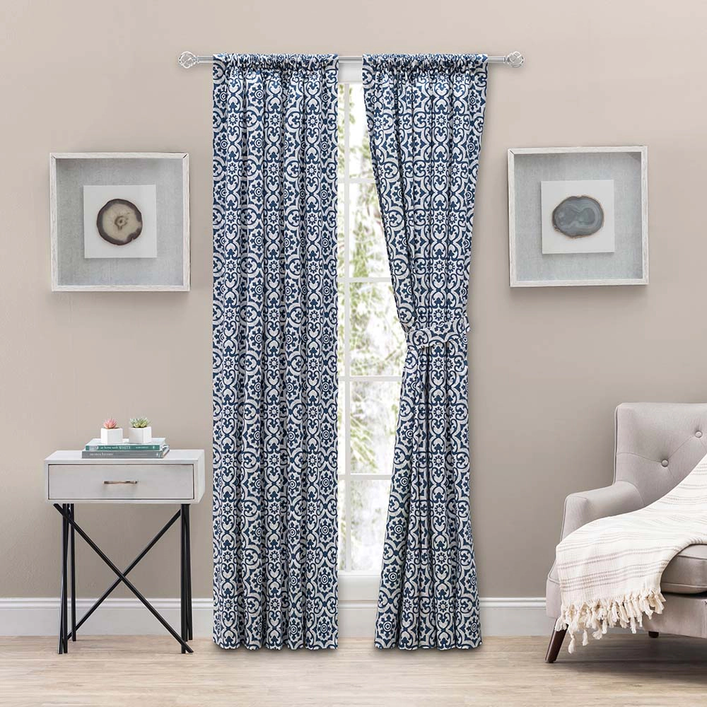 Ellis Athens Printed Tile Design on a Ground 3" Rod Pocket Premium Tailored Pairs 100"x96" Navy