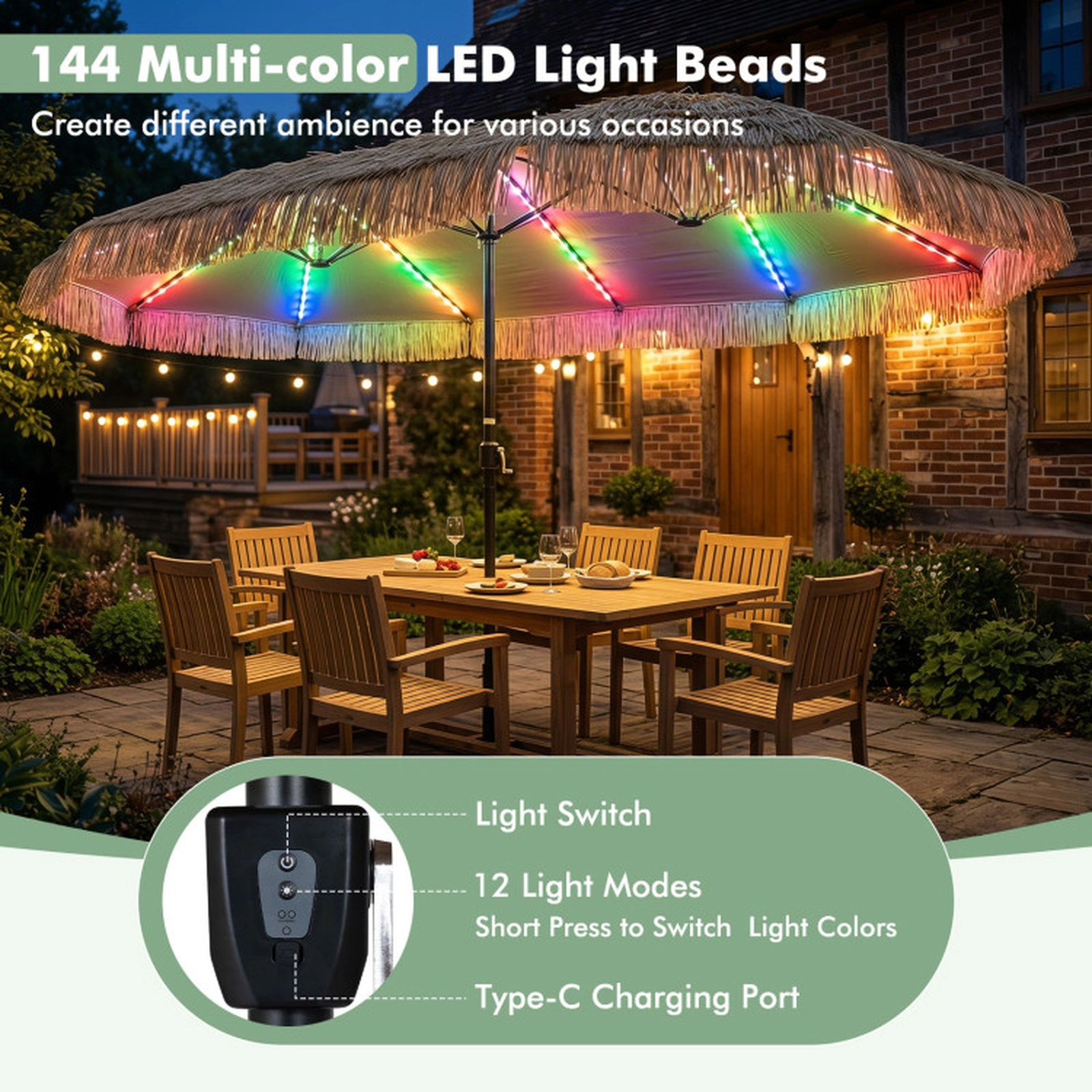 SUGIFT Brown 144 Color-Changing LED Lights 15 x 9 FT Solar Double-Sided Thatched Patio Umbrella