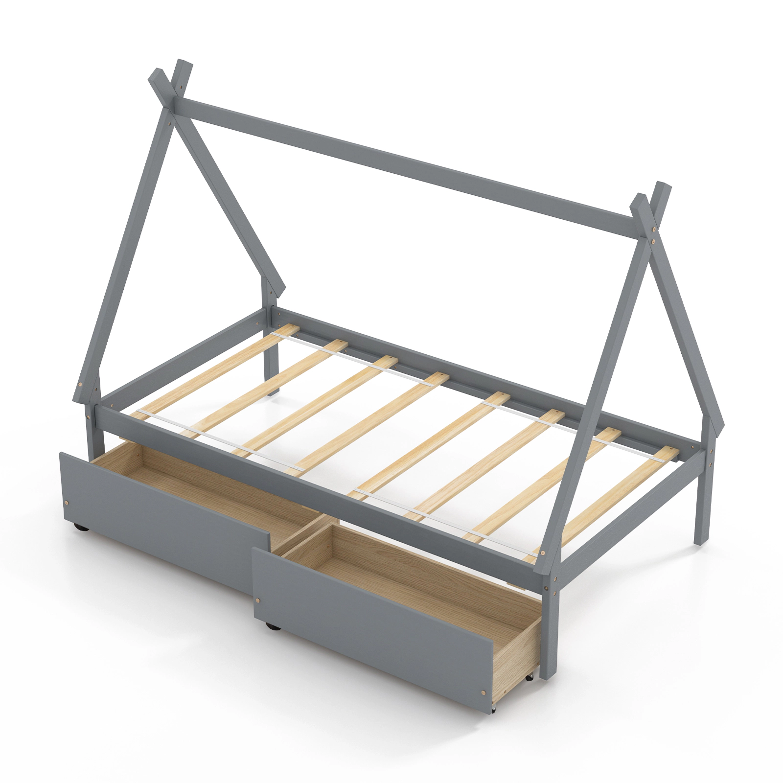 SUGIFT Twin Size Wooden Tent Platform House Bed with 2 Storage Drawers 200-Lb Capacity Gray