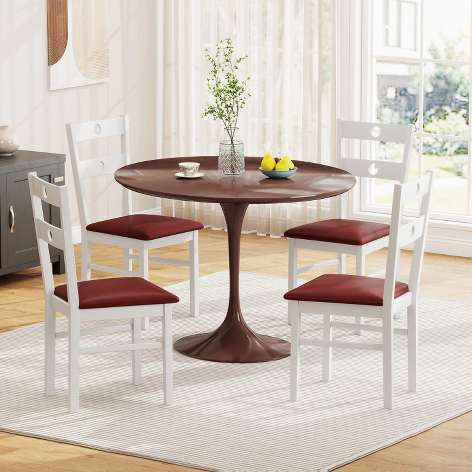 SUGIFT Armless Wooden Dining Chairs 330-lb Capacity with Hollowed Backrest Walnut/White Frame Black/Brown Seat