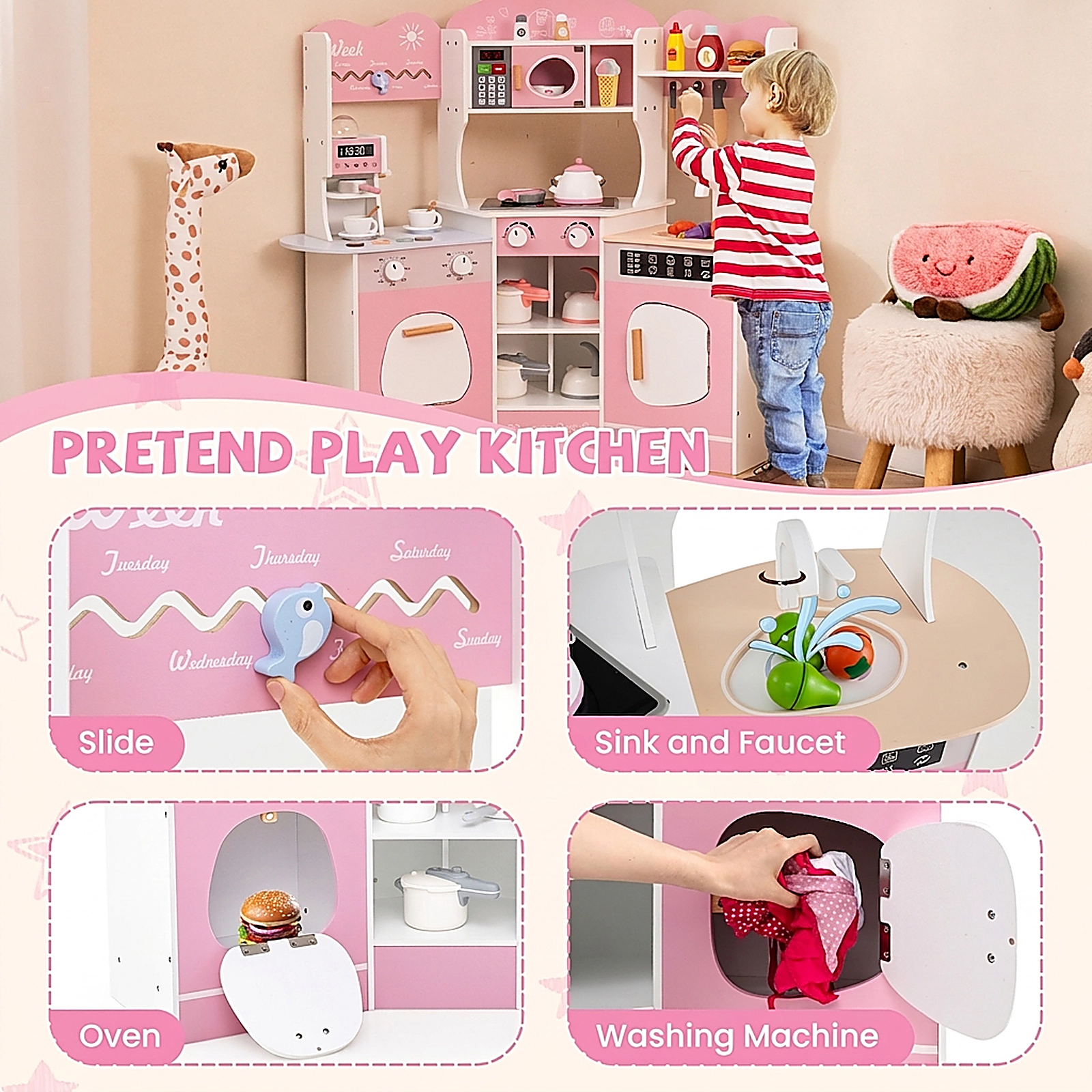 SUGIFT Machine Slide and 18 Accessories Corner Wooden Kids Play Kitchen