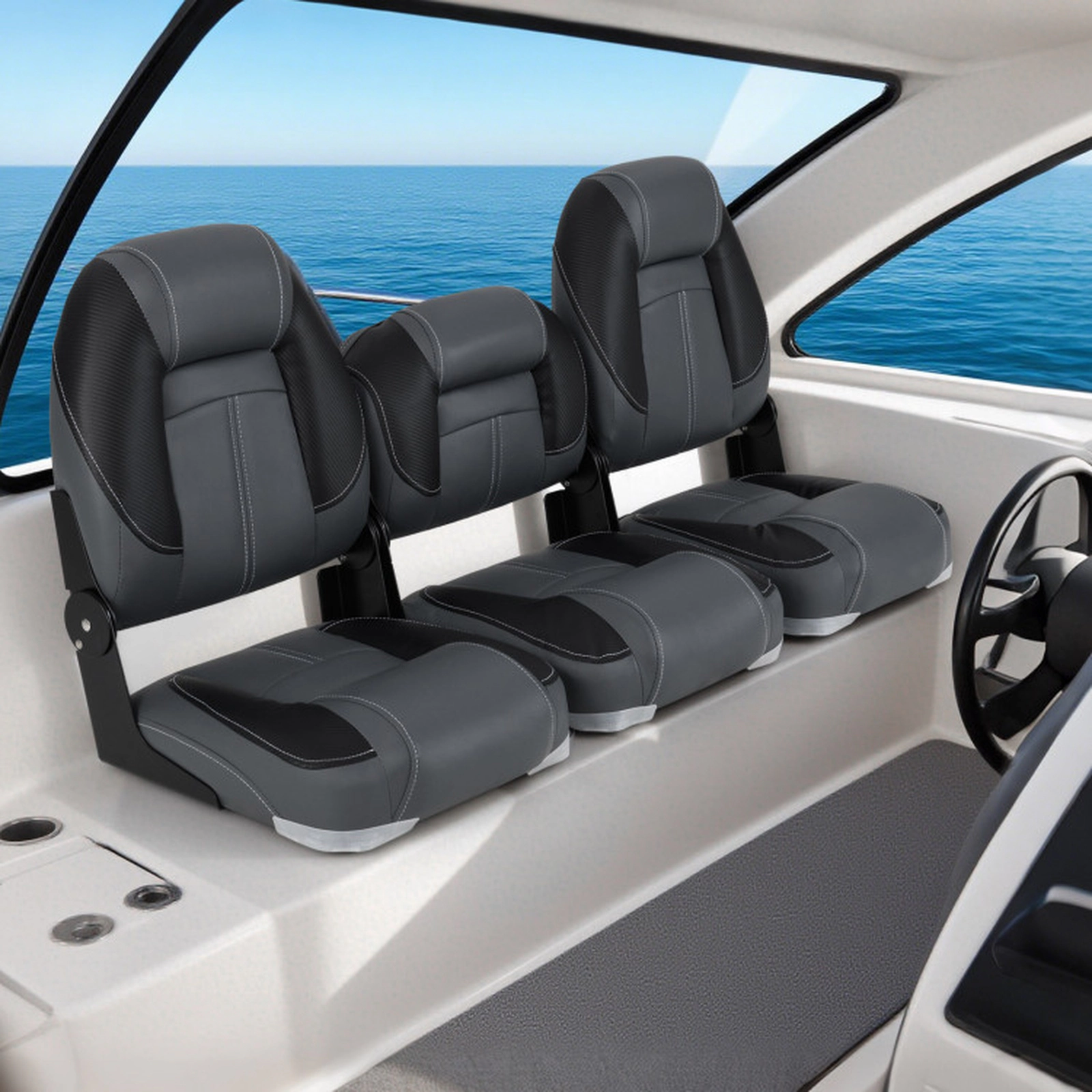 SUGIFT 3-Pack Folding Boat Seats with 28D Sponge Padding 330-lb Capacity Black+Gray