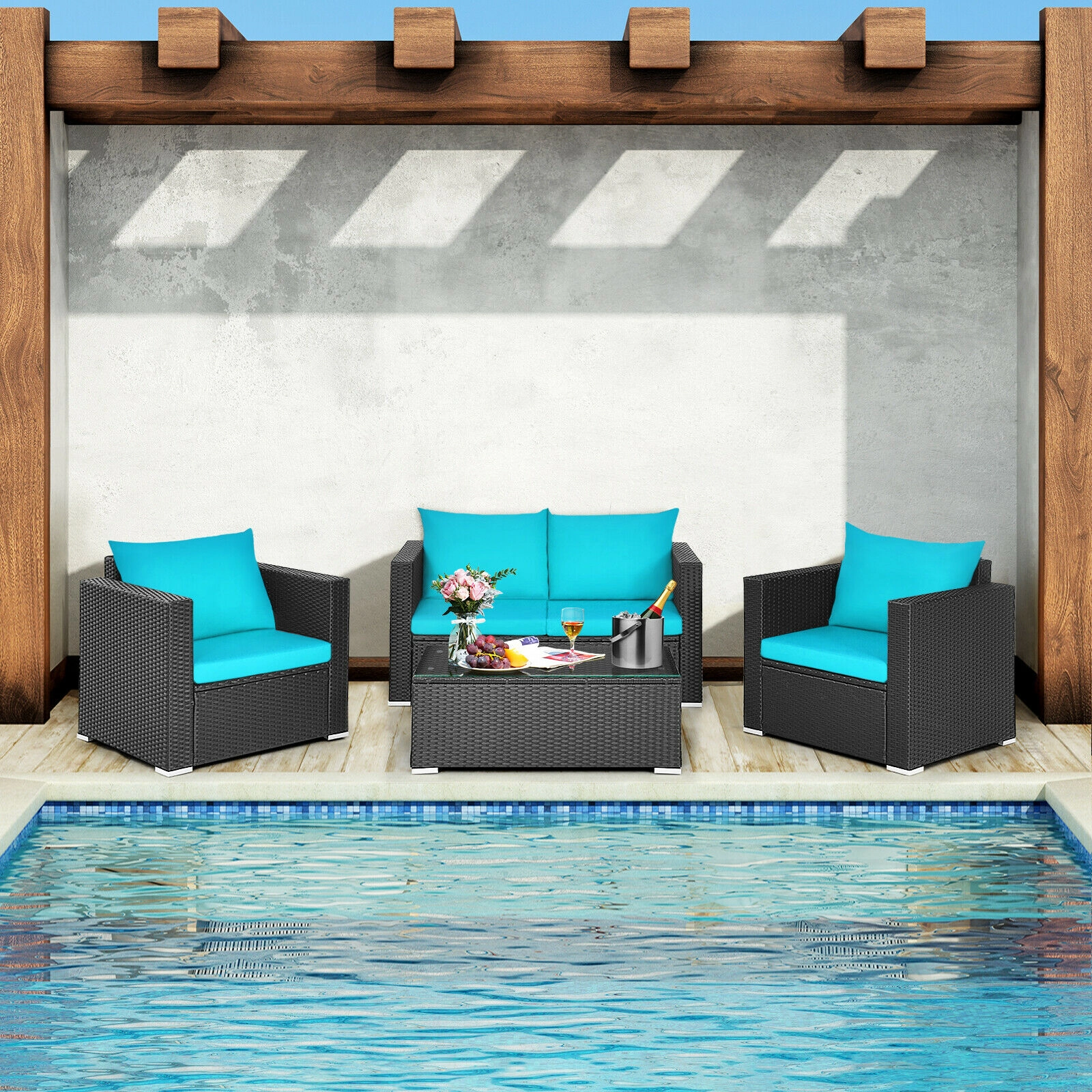 SUGIFT Deep Seats and Glass Coffee Table 4-Piece Turquoise Patio Rattan Cushioned Set