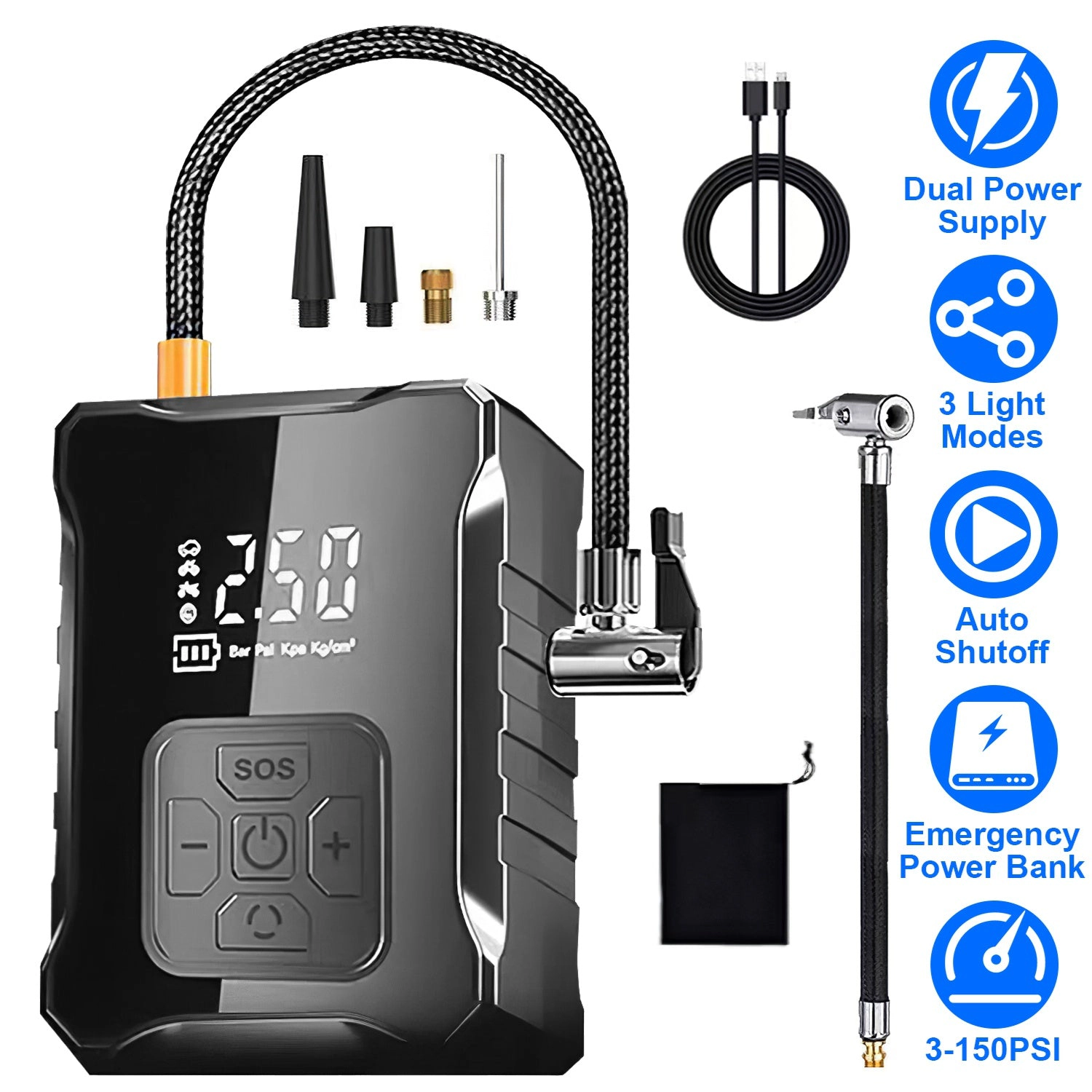 GBruno 150PSI Digital Tire Inflator With LED Light