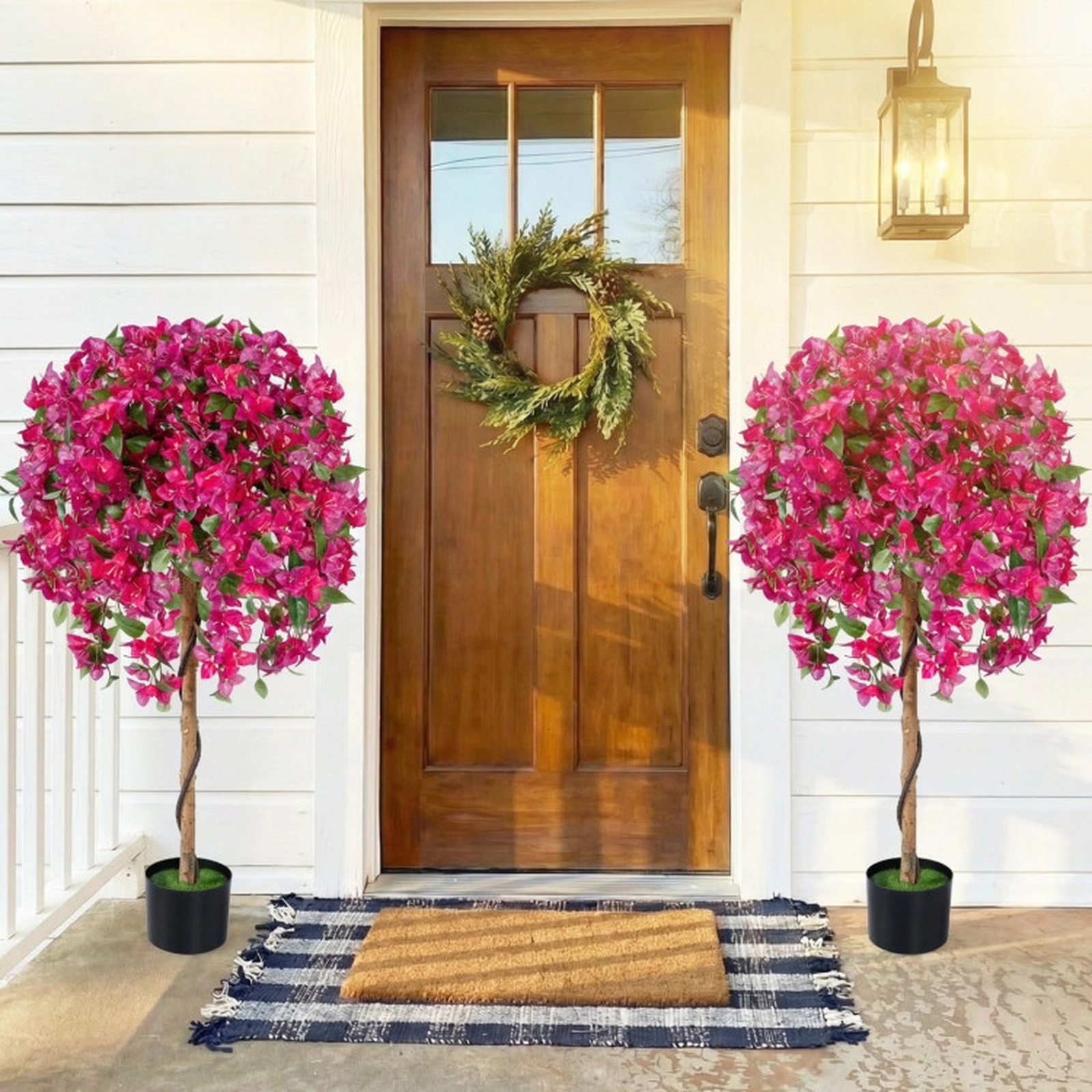 SUGIFT Set of 2 51-in Tall Artificial Azalea Trees with Pink Blooming Flowers and Cement-Weighted Pots