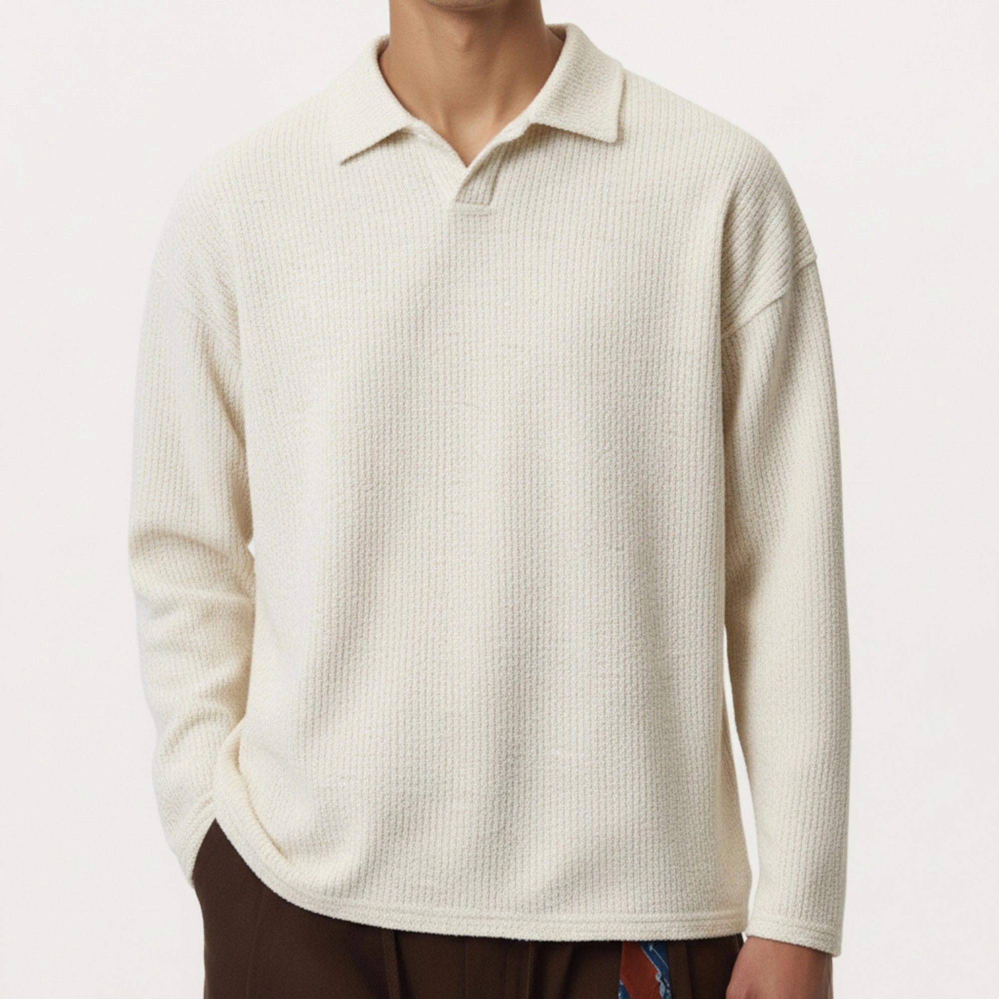 Anna-Kaci Men's Ribbed Long Sleeve Collared Pullover Top with Relaxed Fit