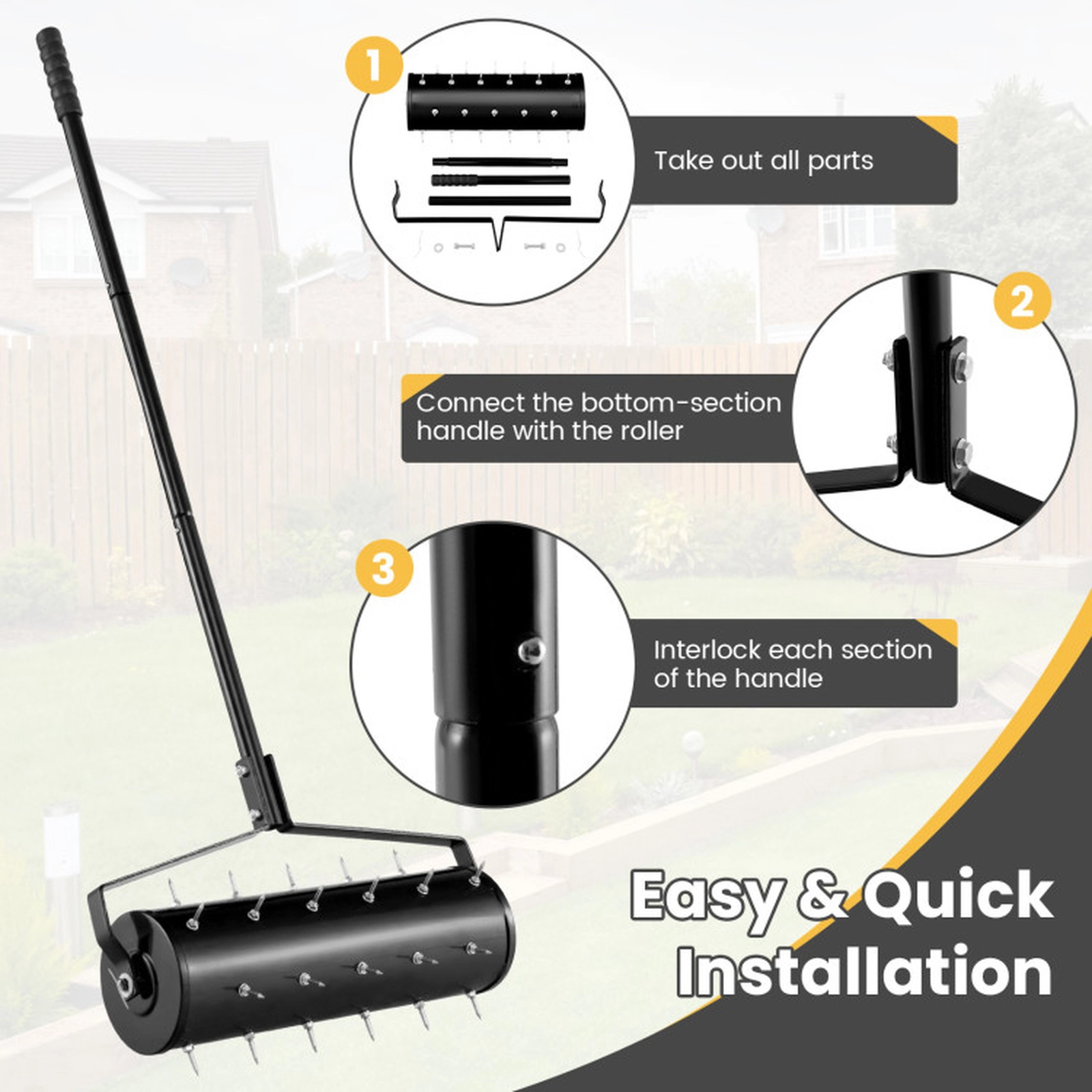 SUGIFT Manual Rolling Lawn Aerator Multi-Tool with 18-in and 21-in Drums 51-in Detachable Handle 1.3-in Spikes Black