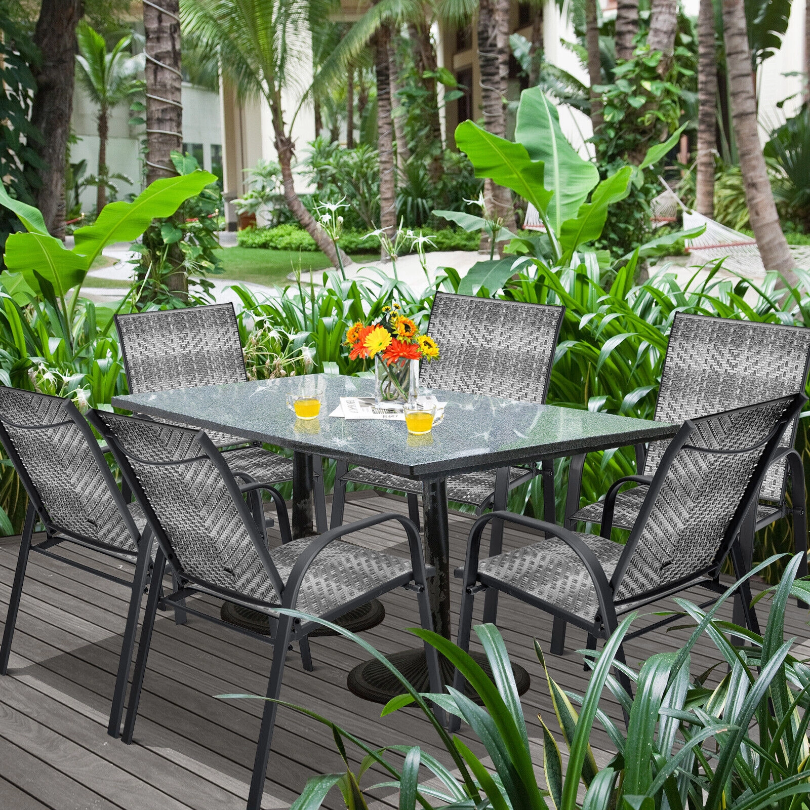 SUGIFT Set of 6 Stackable PE Rattan Wicker Outdoor Dining Chairs with Steel Frames and Armrests