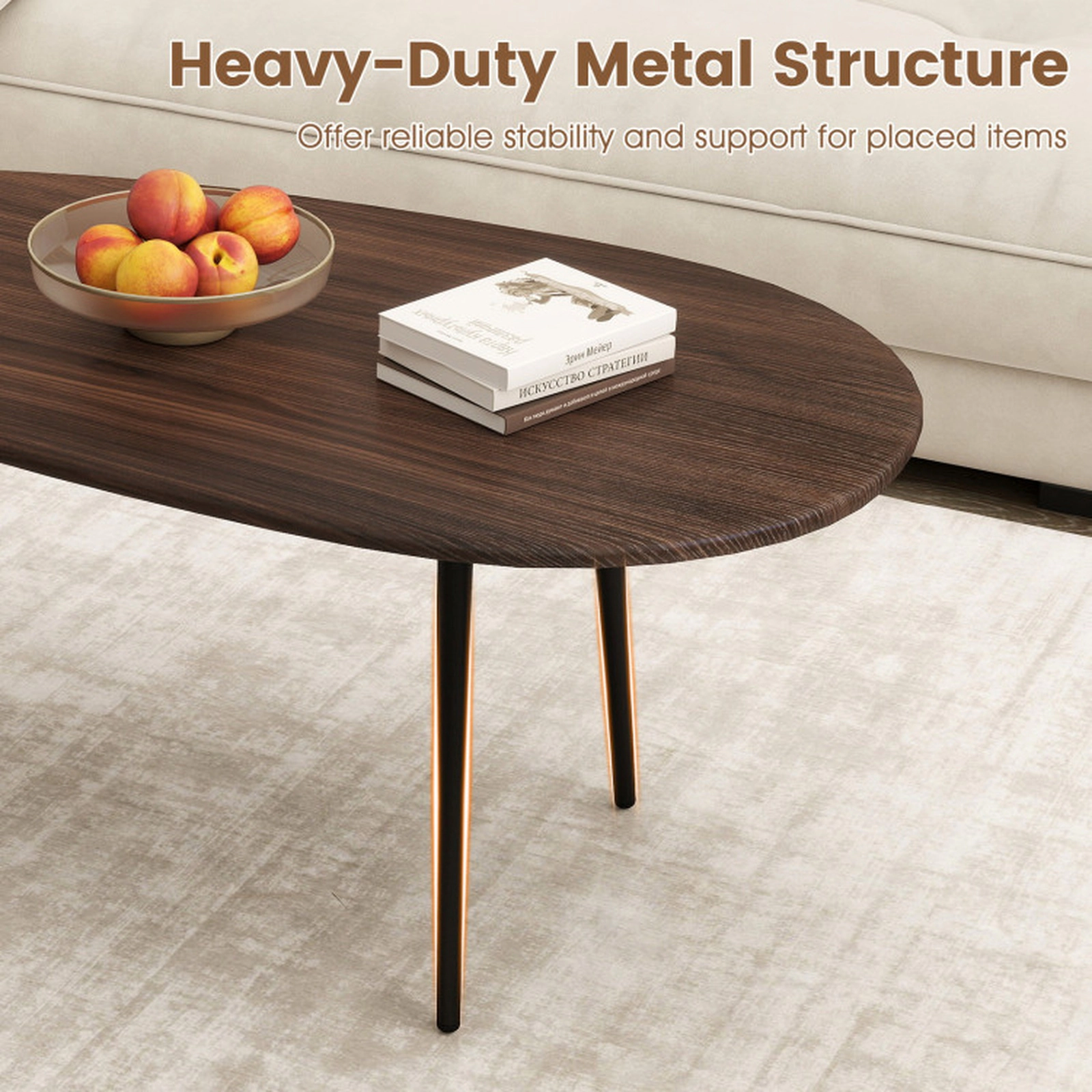 SUGIFT 42.5-in 99-lb Capacity Oval Mid Century Walnut Coffee Table with Metal Frame and Adjustable Pads