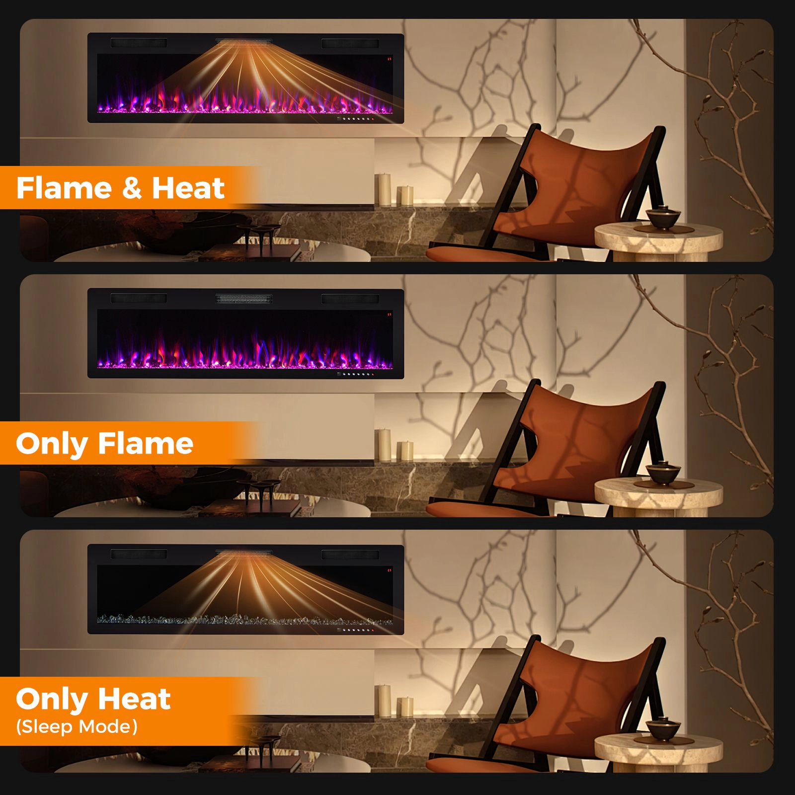 SlickBlue Linear Electric Fireplace Heater, 40/50/60 Inch Recessed or Wall Mounted, 5100 BTU
