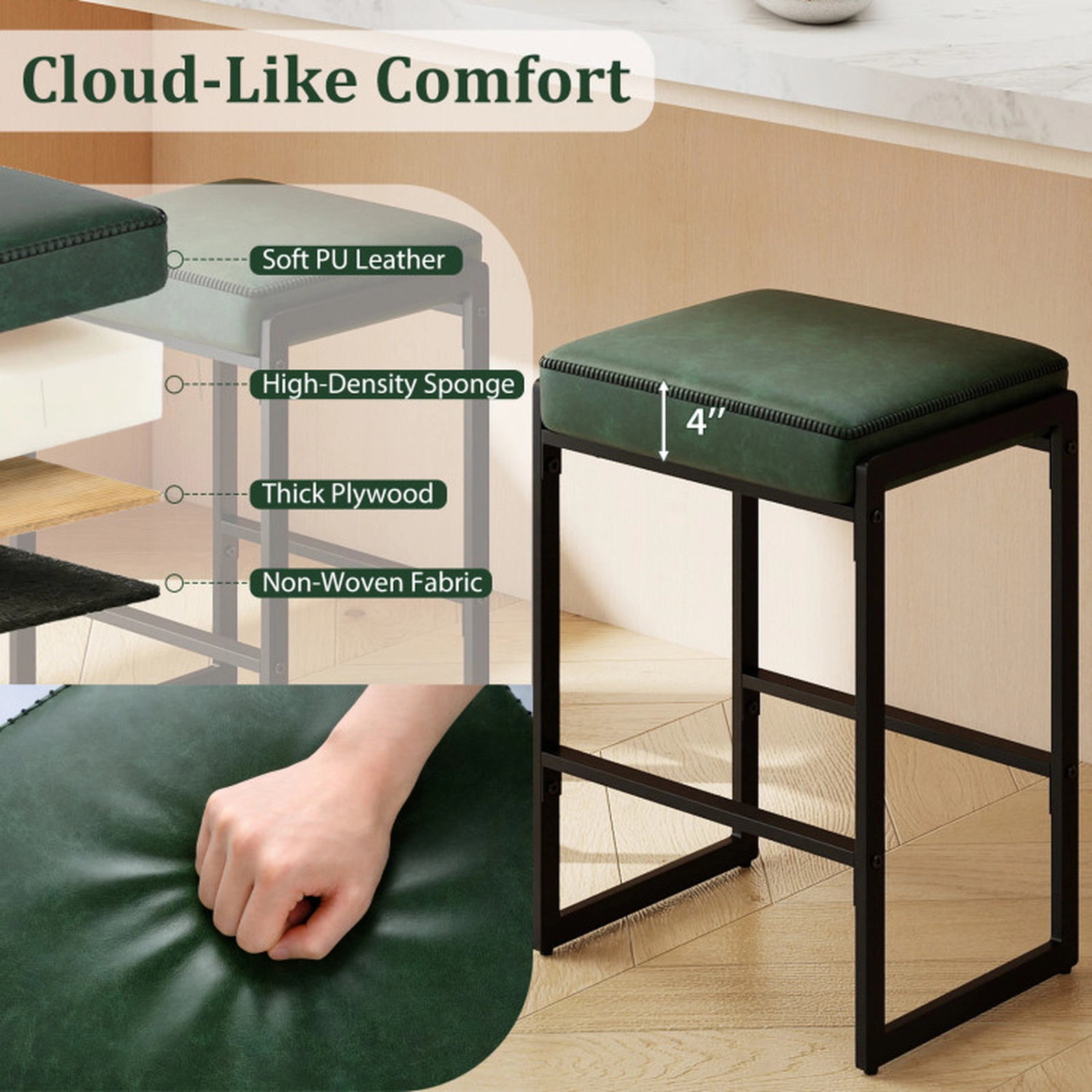 SUGIFT Set of 4 Faux Leather 4-in Cushion 26-in H 330-lb Capacity Counter Height Bar Stools Green