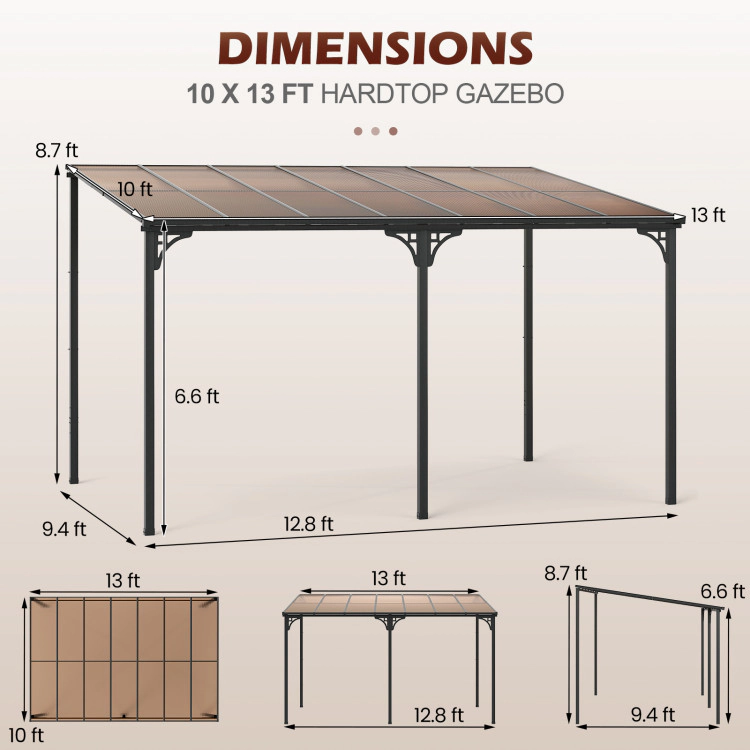 Hivvago Wall-Mounted Patio Gazebo Large Outdoor Hardtop Pergola With Sloped Polycarbonate Roof