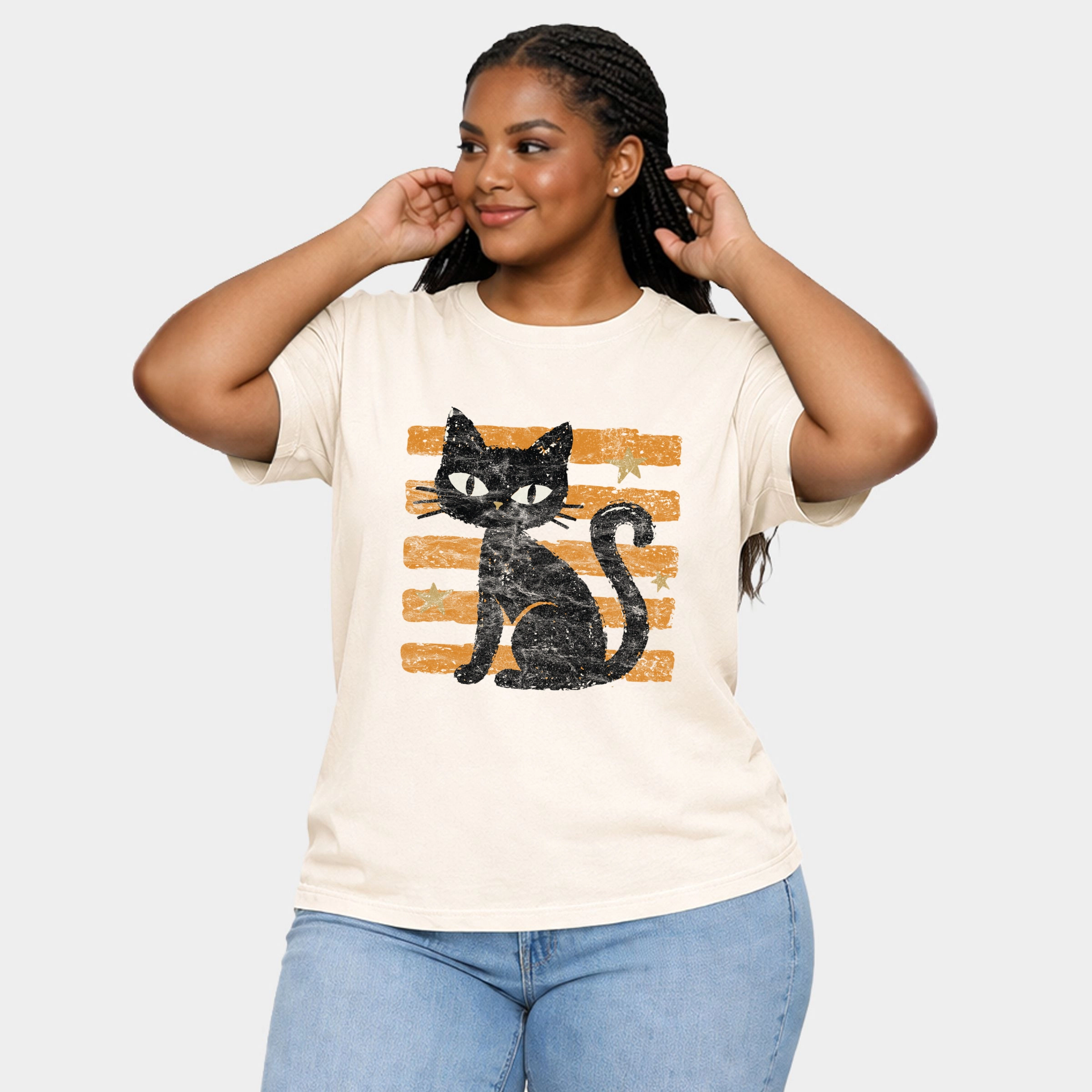 Simply Sage Market - Women's Plus Sized Garment Dyed Graphic T-Shirt Black Cat Orange Stripes