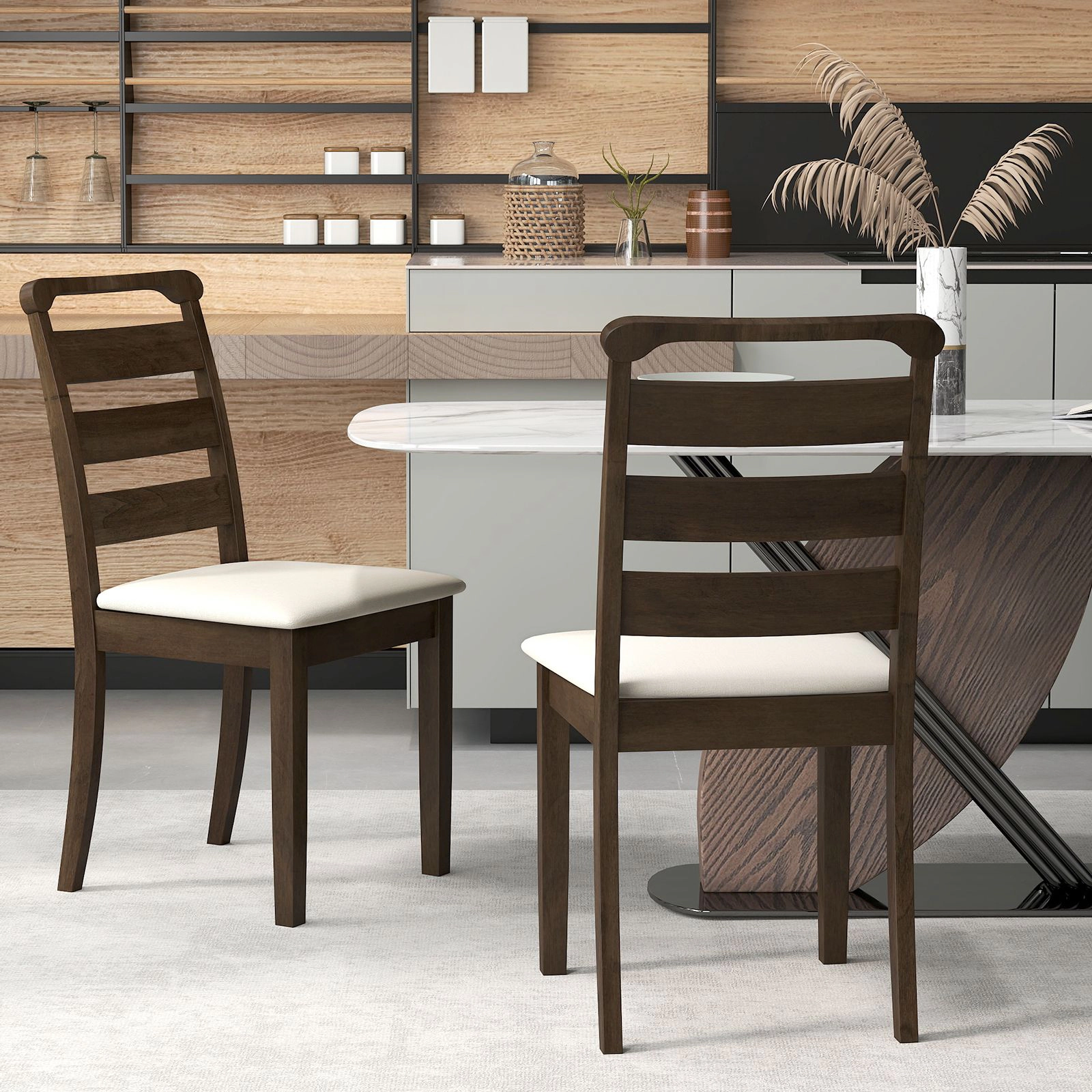 SlickBlue Set of 2 Upholstered Dining Chairs, Ladder Back, Rubber Wood Frame