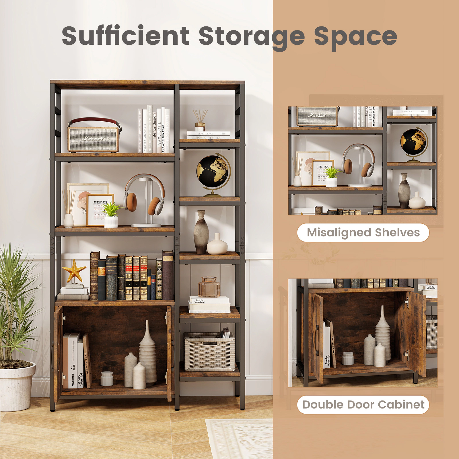 SUGIFT Rustic Brown Double Wide 8-Tier Bookshelf with 2-Door Cabinet