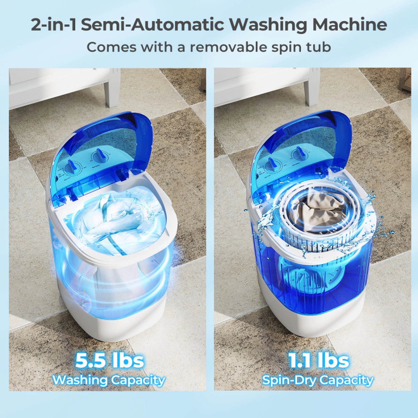 SUGIFT Portable Mini Semi-automatic Washing Machine with Spin Tub 5.5-lb Capacity Blue/Gray