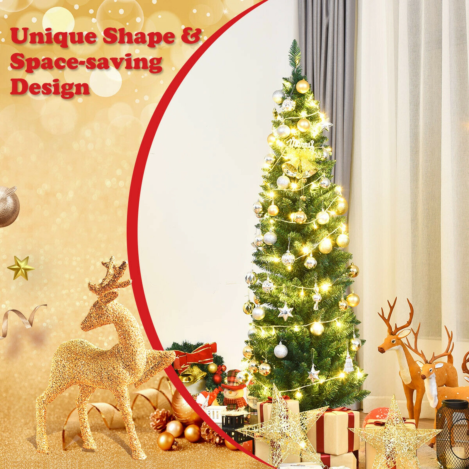 SUGIFT 5-ft Green Slim Pencil Artificial Christmas Tree with 220 PVC Branch Tips and Iron Base for Small Spaces