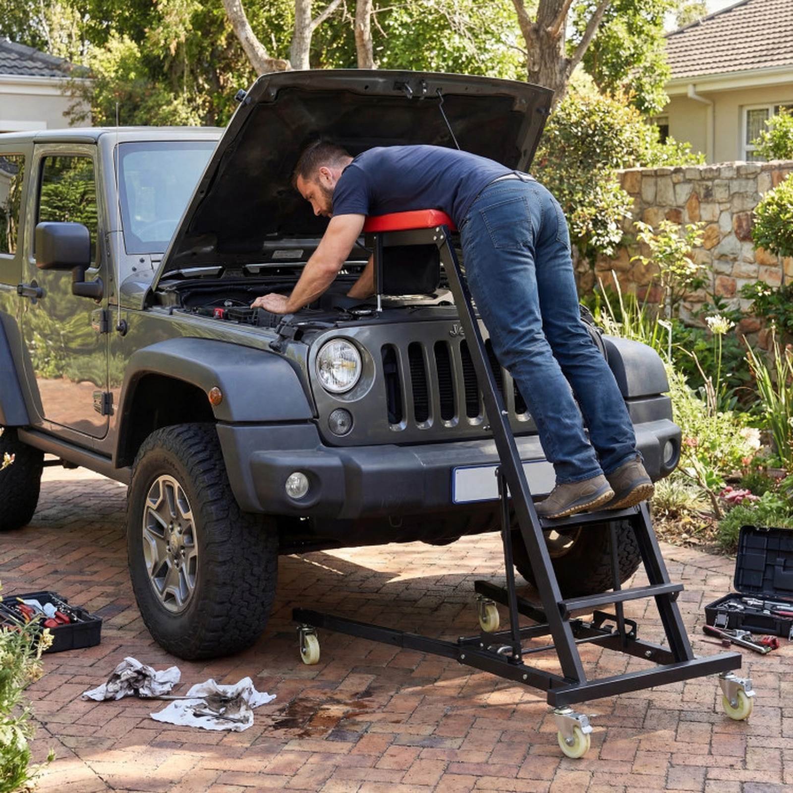 SUGIFT Folding 4-Level Height 3 Tilt Angles Topside Automotive Engine Creeper 42-in to 69-in 400-lb Capacity Black