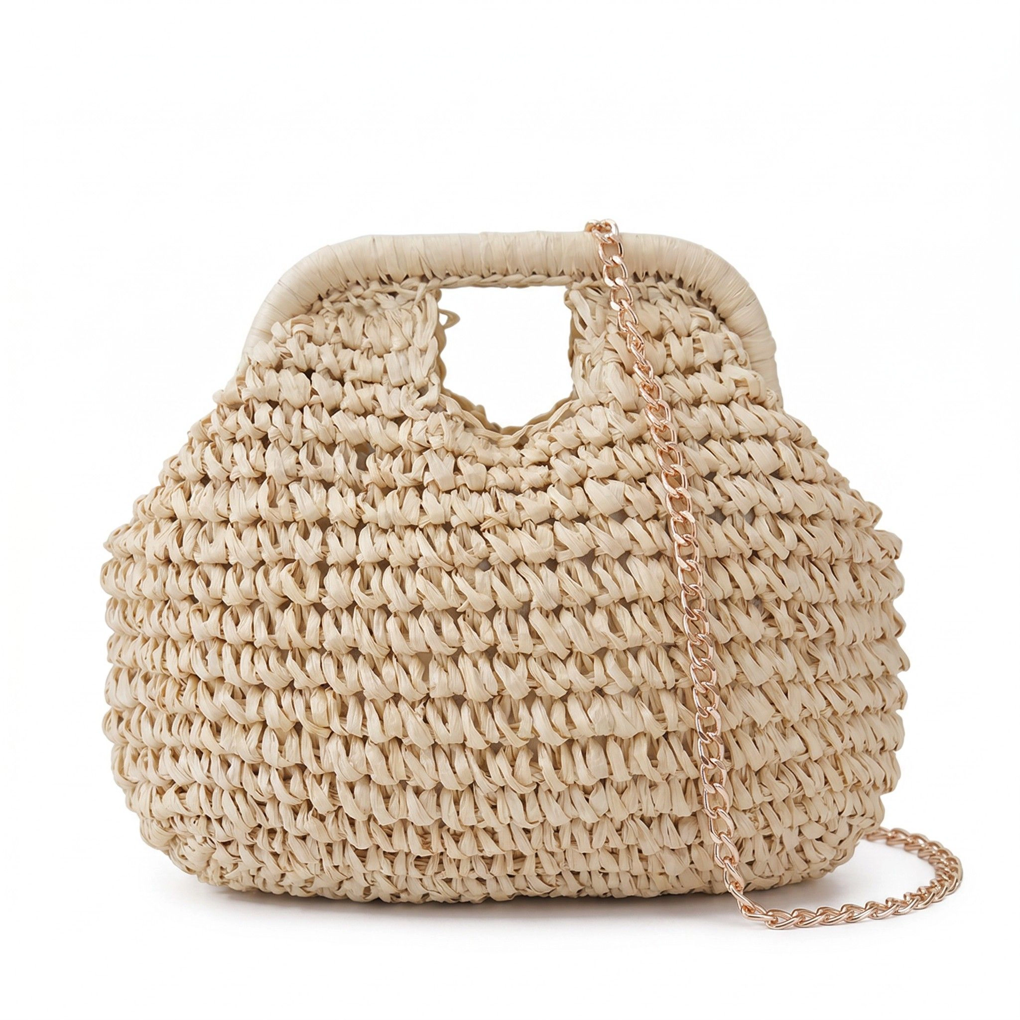 Alilang Women's Small Woven Straw Handbag Chain Crossbody Bag with Top Handle and Flap Closure, Beige