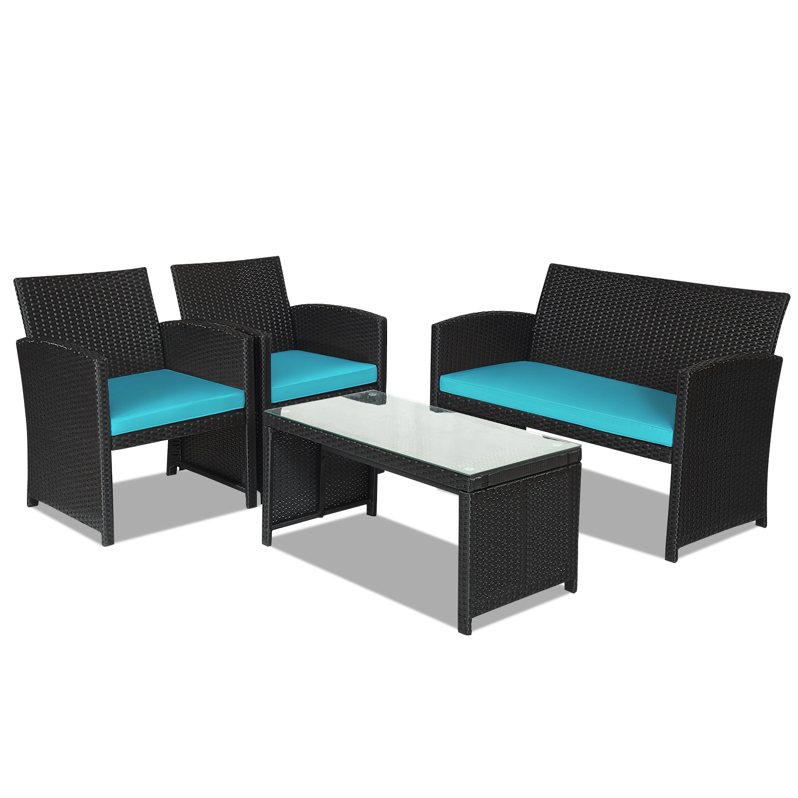 SUGIFT 4-Piece Black Patio Conversation Set with 43.5-Inch Loveseat, 2 Armchairs and Glass Table