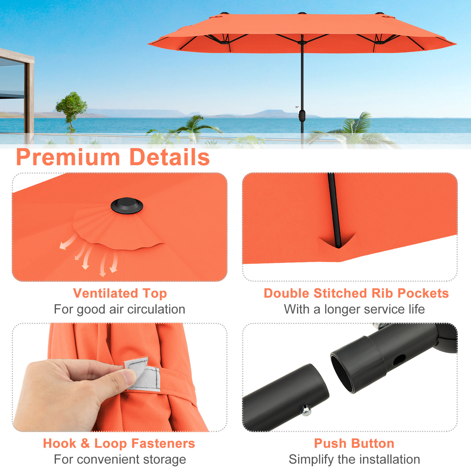 SUGIFT 13-ft Orange Double Patio Umbrella with Fillable Cross Base, Crank Lift and 12 Ribs
