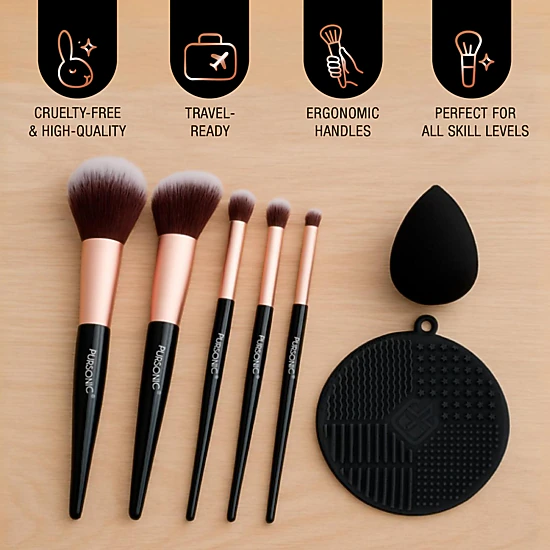 Pursonic 8-Piece Pro Makeup Application Set – 7 Brushes + Blending Sponge