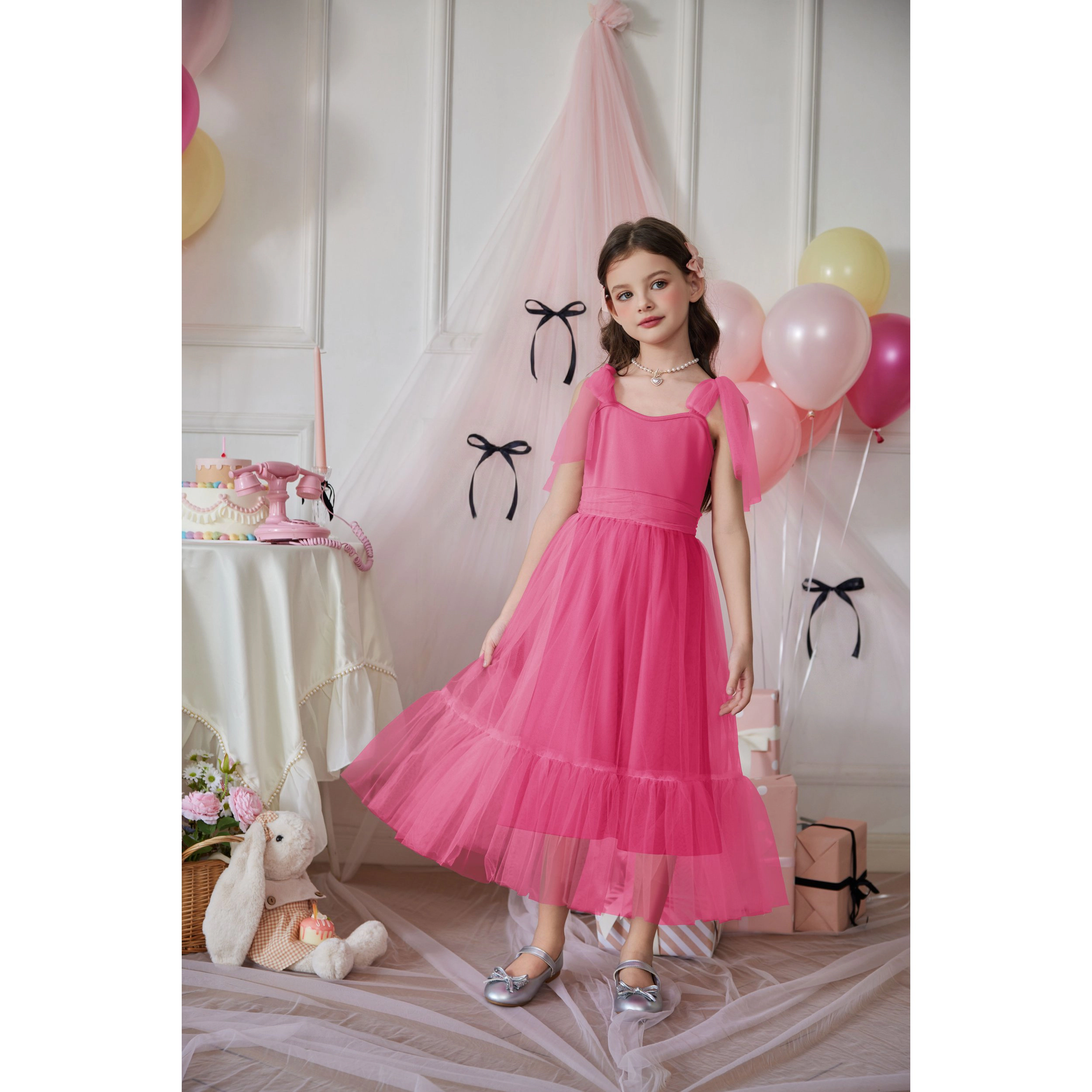 Arshiner Girl's Sleeveless Bowtie Straps Long Tulle Dress