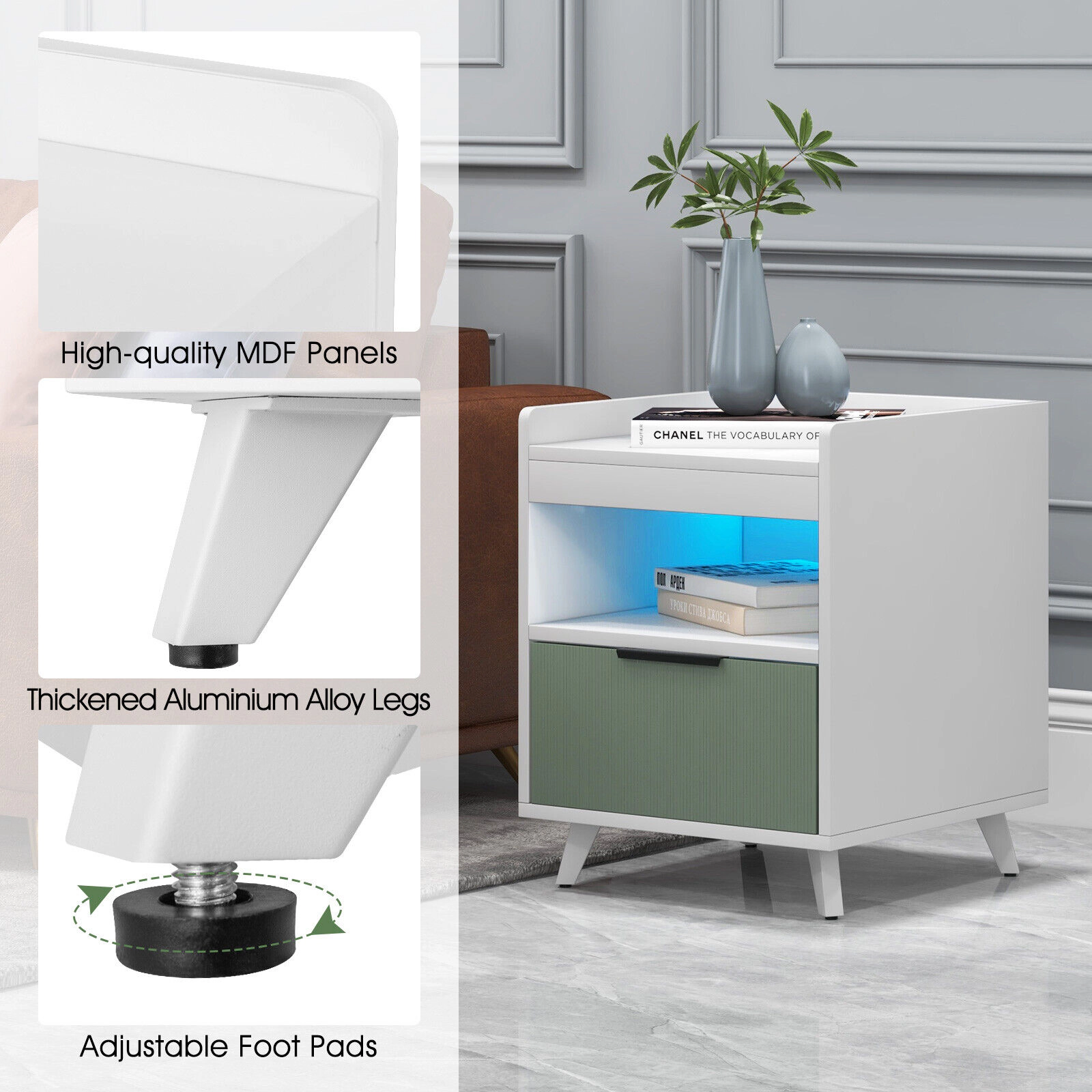 Glintex LED Nightstand with Silent Drawer Slides and 50-Ft Remote Range, White