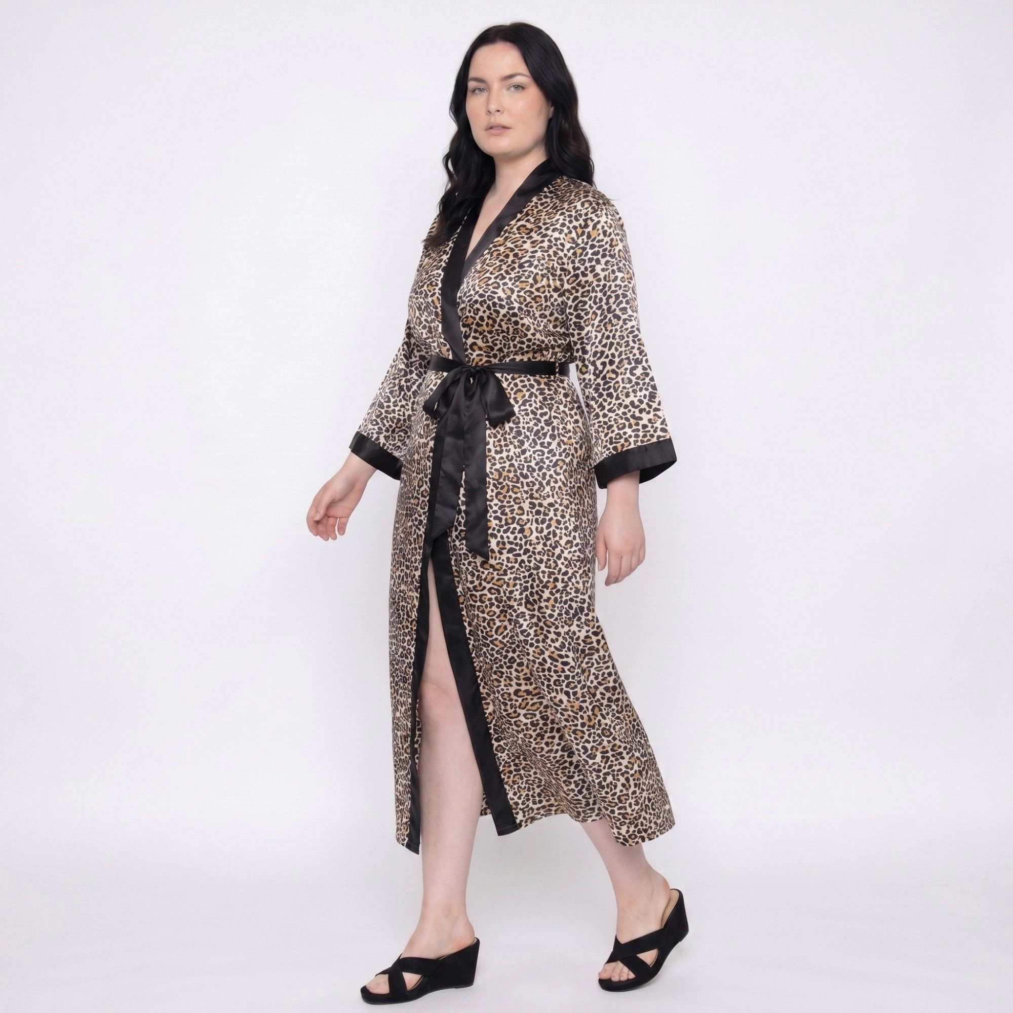 Anna-Kaci Women's Plus Leopard Print Satin-Like Wrap Robe with Long Kimono Sleeves Contrast Trim and Self Tie Waist