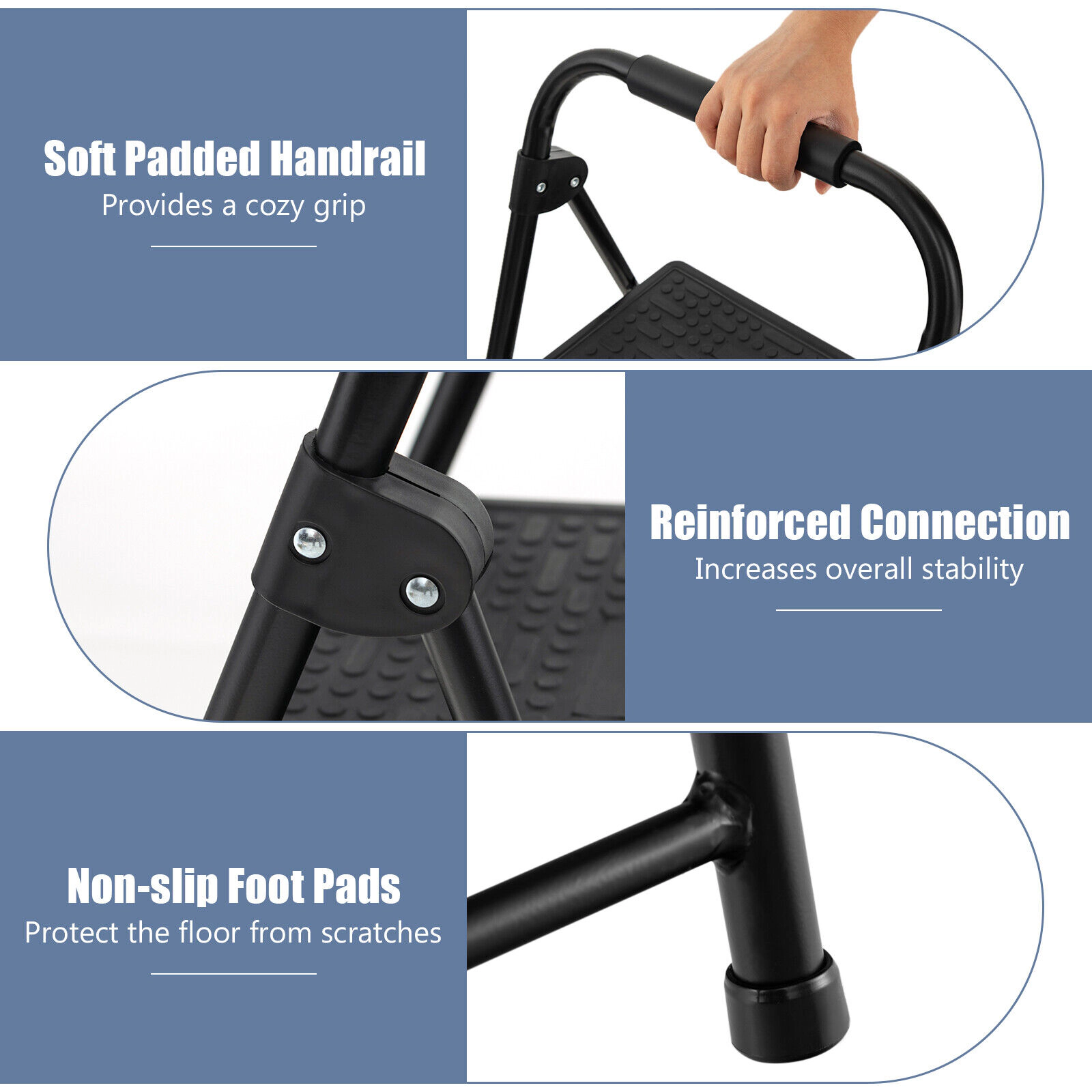 SUGIFT Folding 2-Step Metal Ladder Step Stool EVA Padded Handle Anti-Slip 330-lb Capacity 12 x 8-in Pedals Black