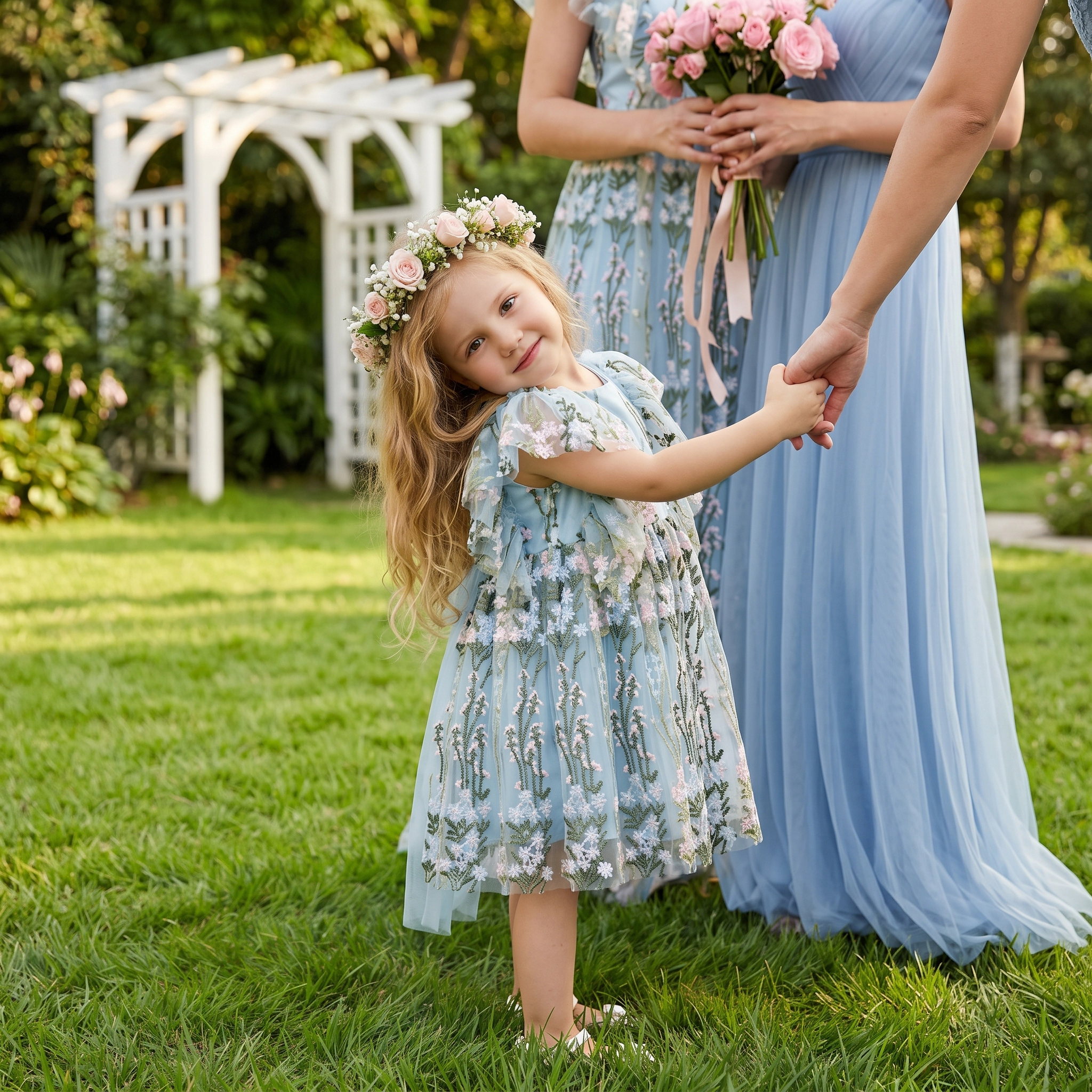 2Bunnies Girls' 2T-6Y Floral Embroidered Tulle Flutter Sleeve Back Bow Dress