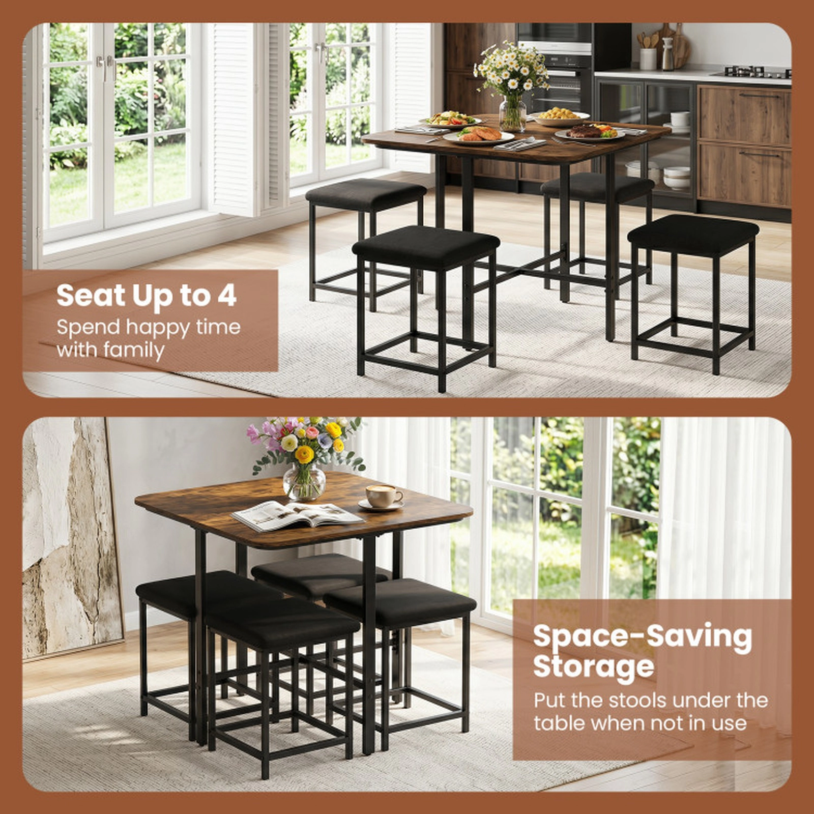 SUGIFT 5-Piece Square Dining Set for 4 with Linen Stools, 35.5-Inch Table
