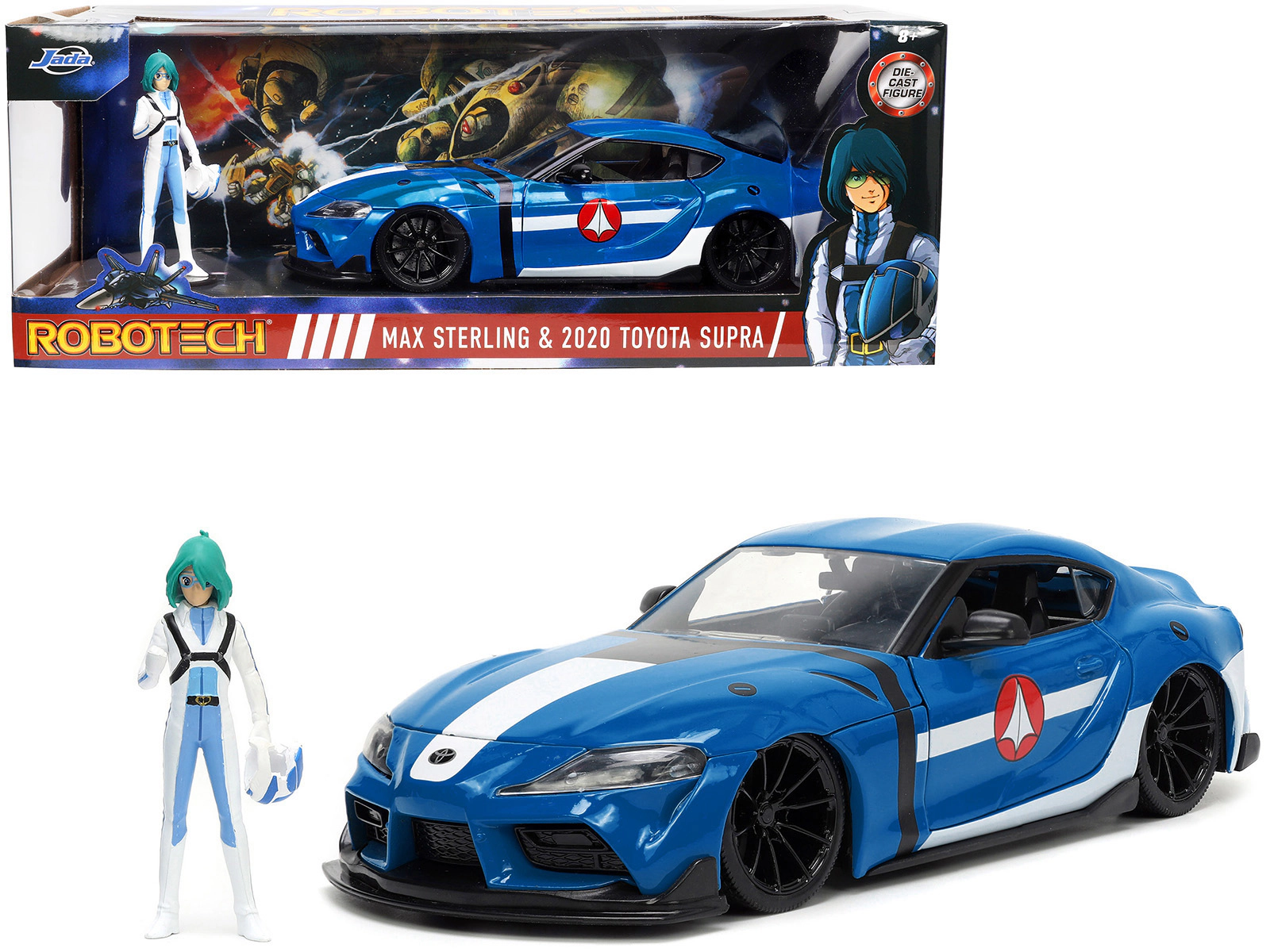 Jada 2020 Toyota Supra Blue with Graphics and Max Sterling Diecast Figurine "Robotech" "Hollywood Rides"