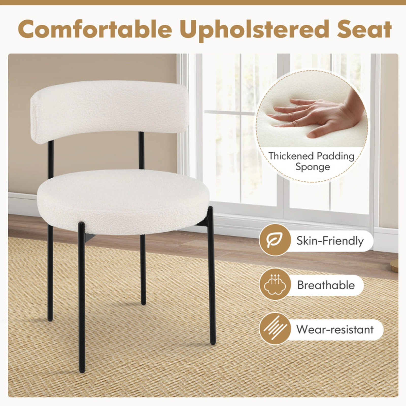 SUGIFT Curved Back Boucle Dining Chair with Metal Legs 330-lb Capacity Set of 4 White