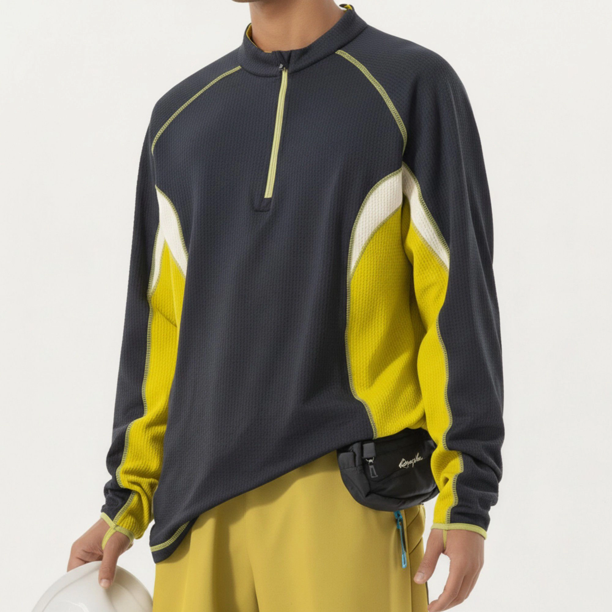 Anna-Kaci Men's Long Sleeve Half-Zip Pullover Top with Color Block Panels and Contrast Seam Detailing