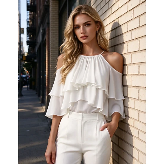 Coolmee Women's Fashion Cold Shoulder Ruffle Short Sleeve Chiffon ...