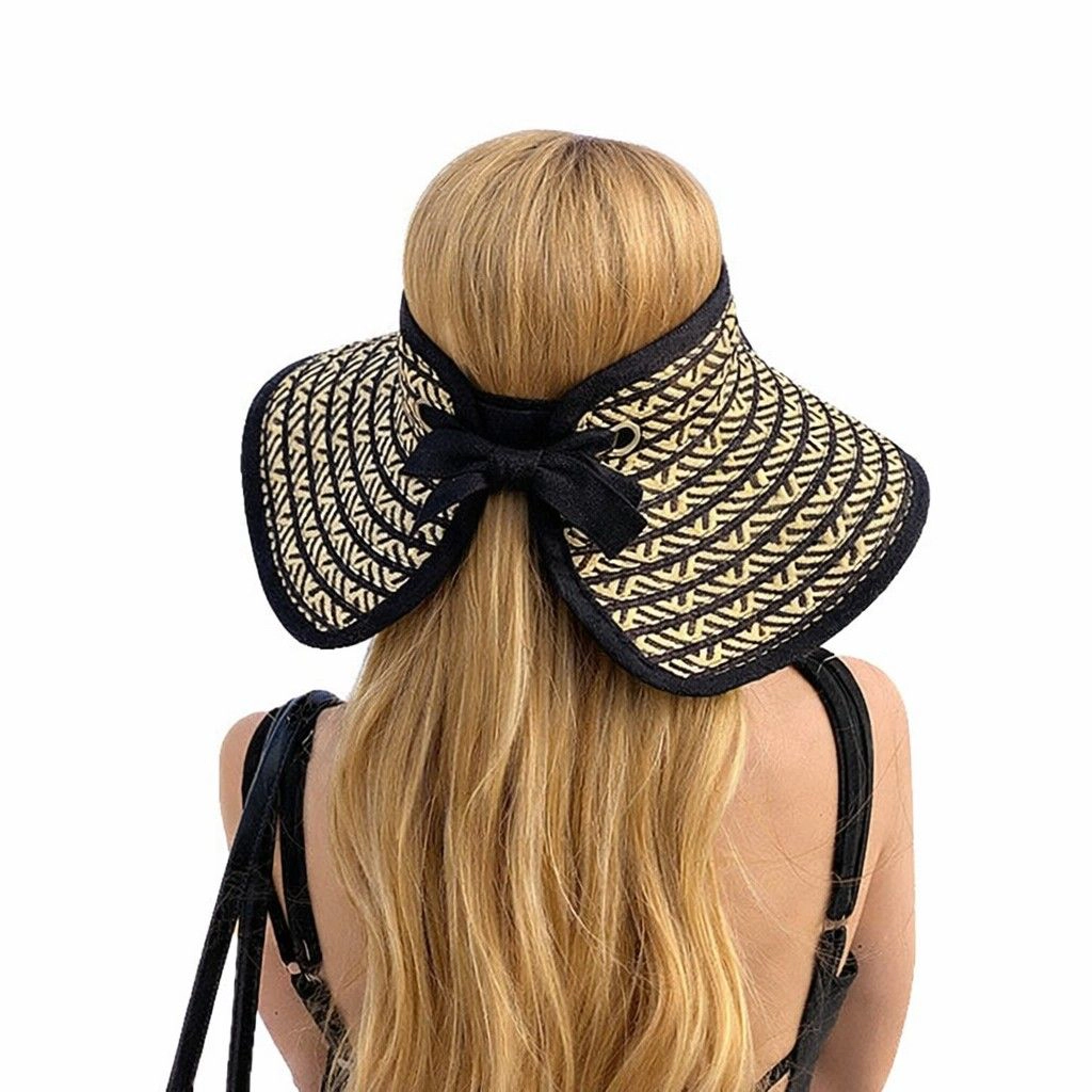 Anna-Kaci Women's Women Straw Sun Visor Hat Wide Brim Contrast Trim Adjustable Bow Lightweight Summer