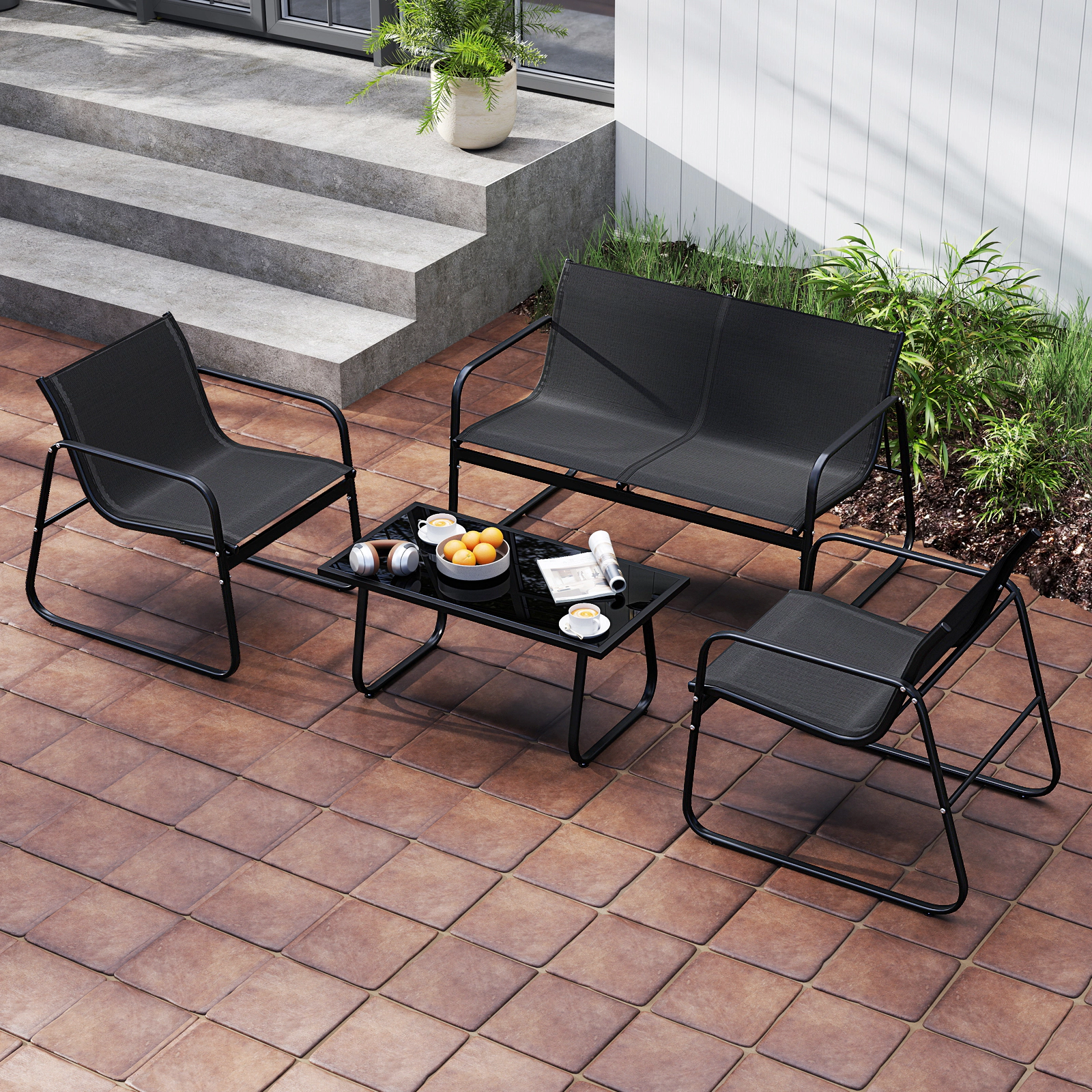 SUGIFT Fabric Lawn Chairs Loveseat and Glass Table 4-Piece Black Patio Furniture Set