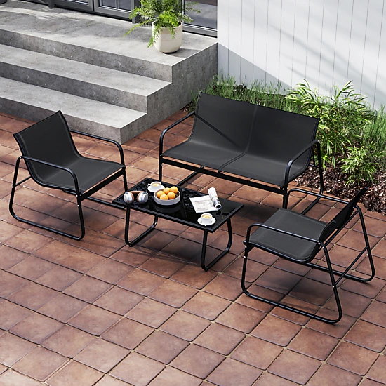 SUGIFT Fabric Lawn Chairs Loveseat and Glass Table 4-Piece Black Patio Furniture Set