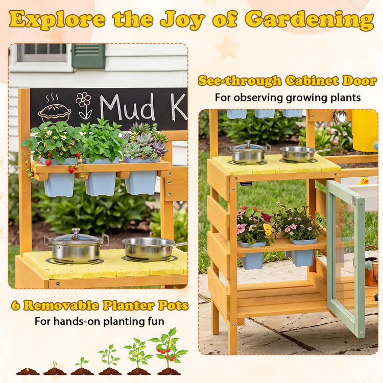 Hivvago Wooden Mud Kitchen for Toddlers with Faucet and Water Tank