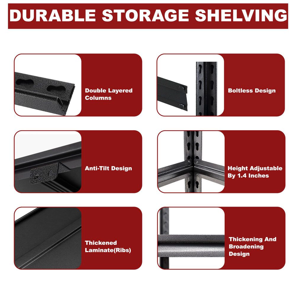 Flynama 5-Tier Boltless Garage Shelving, Heavy Duty Steel, Adjustable, Black (35.4"W x 72"H x 15.7"D)
