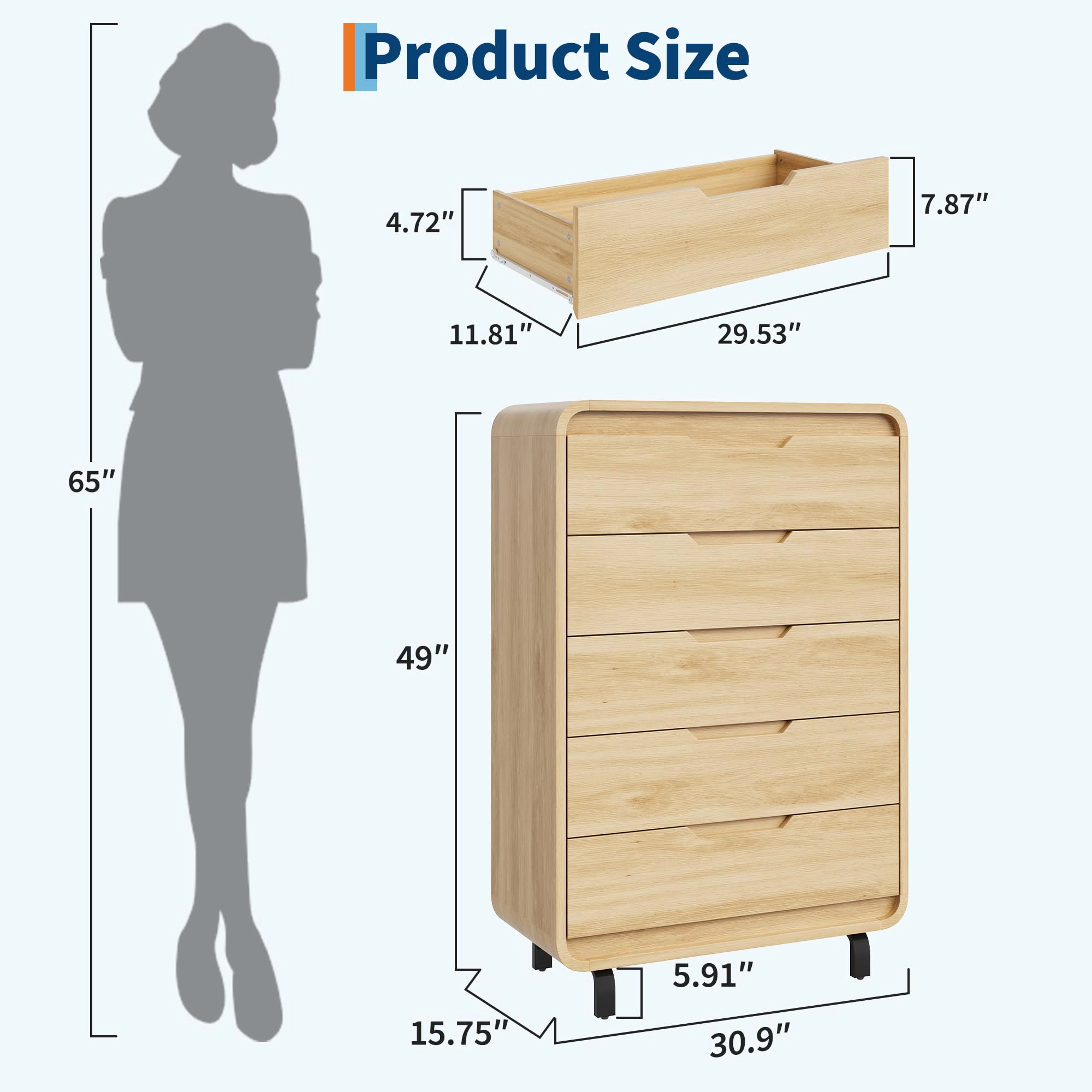 48" Tall 5 Drawer Wood Dresser with Handleless & Detachable Legs, Modern Storage Chest