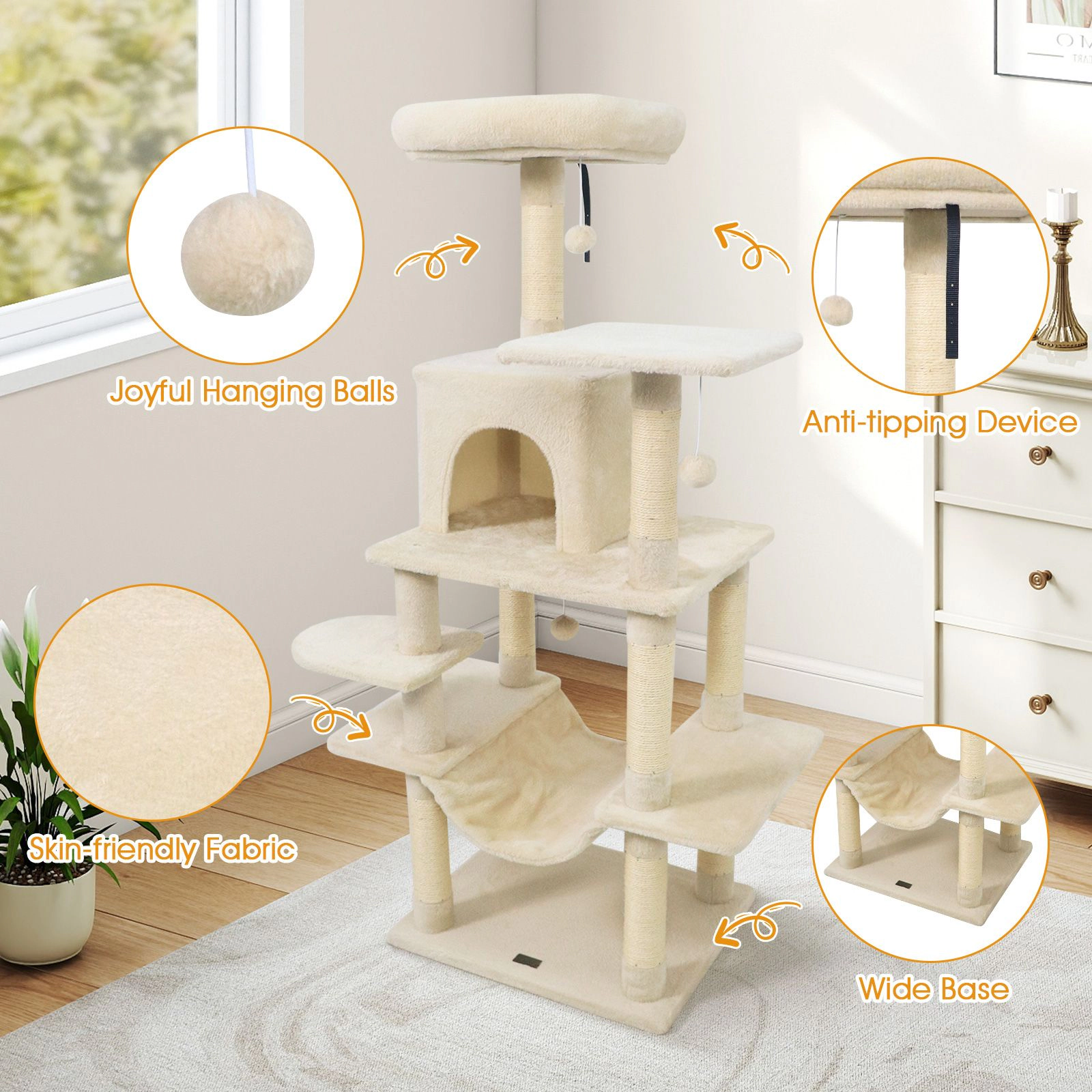 SlickBlue 58" Cat Tree Tower with Condo, Hammock & Scratching Posts