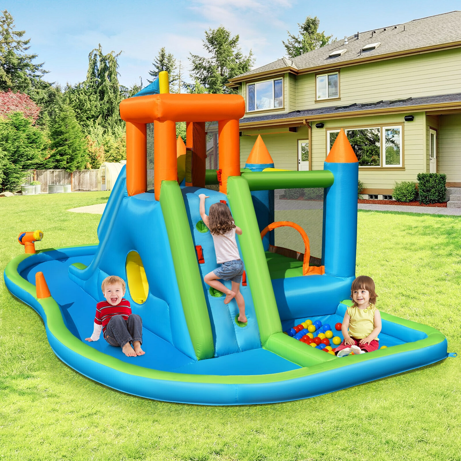 LJG Inflatable Water Slide Kids Bounce House Splash Water Pool with 735W Blower