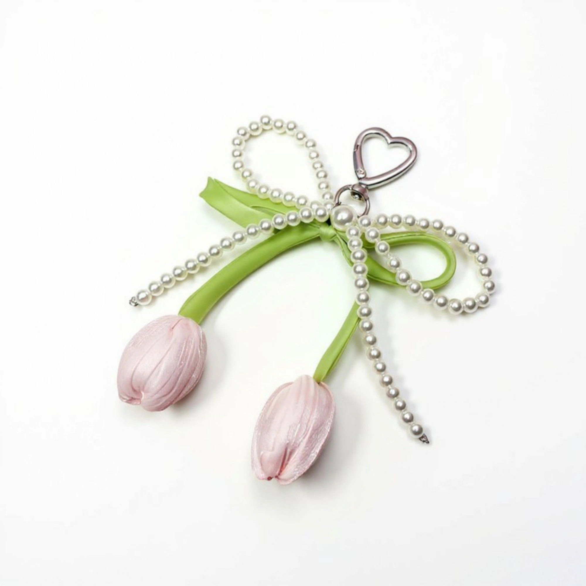 Alilang Women's Pearl Bow Keychain with Satin Tulip Charms and Ribbon Accent