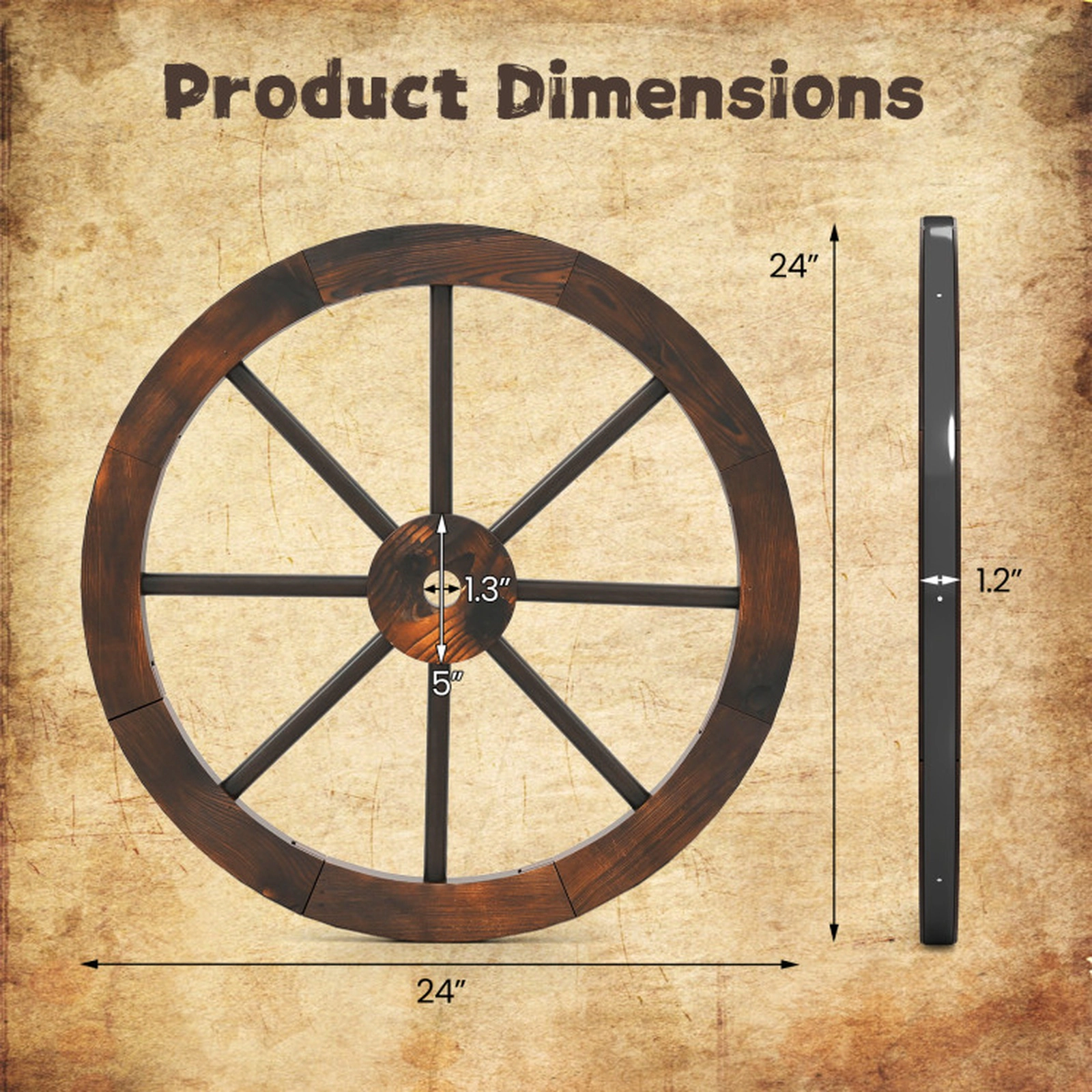SUGIFT Retro-Inspired Decorative Wooden Wagon Wheel Set of 2 Yard Art 24-in Diameter Carbonized Fir Wood Rustic Brown
