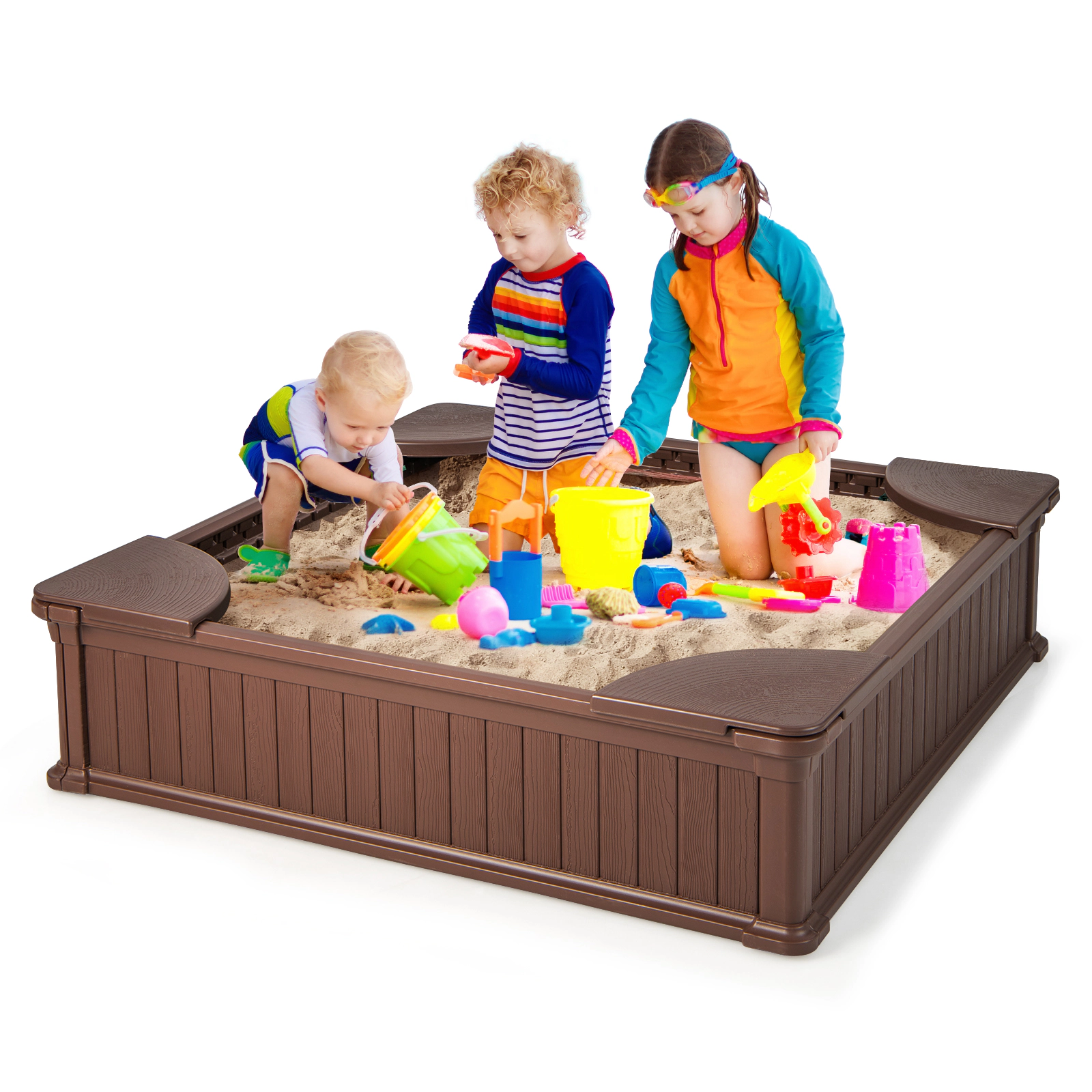 LJG Kids Outdoor Sandbox with Oxford Cover and 4 Corner Seats