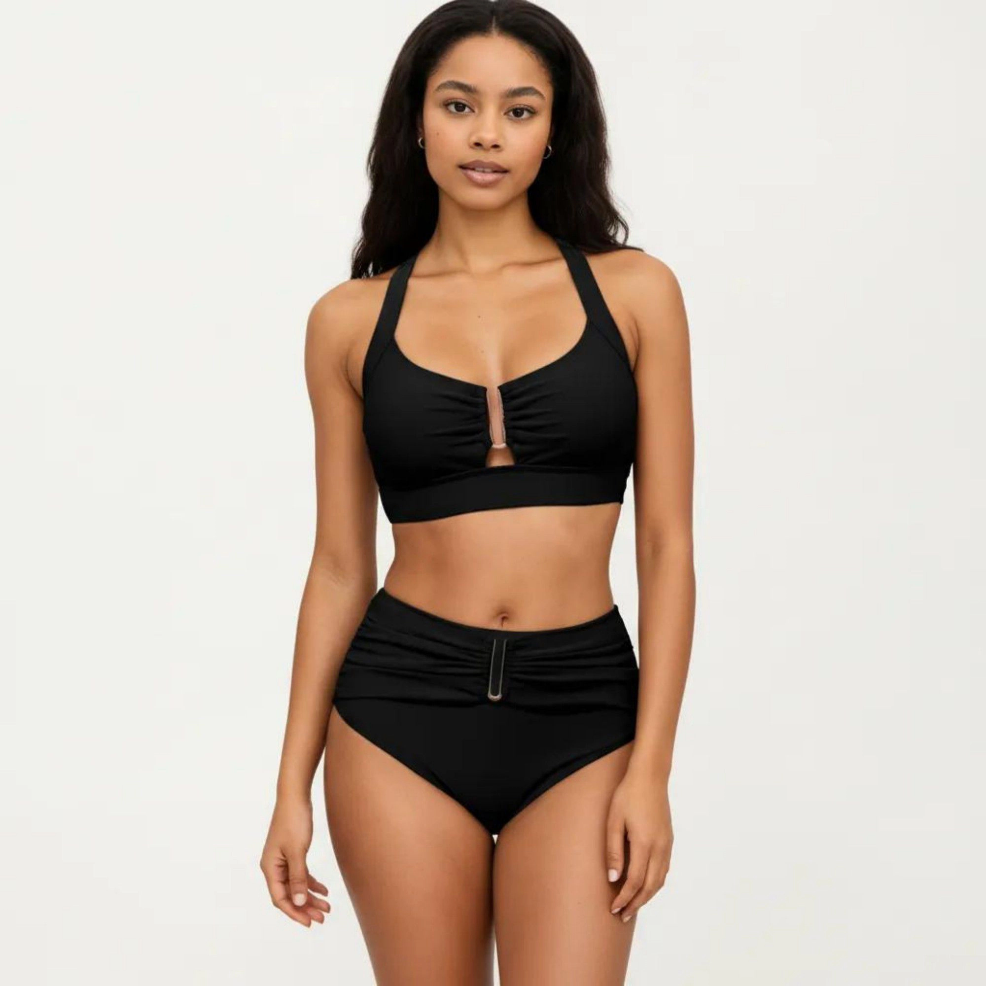 Anna-Kaci Women's Two Piece Bikini Set with Ruched Bralette Top and High Waist Bottoms