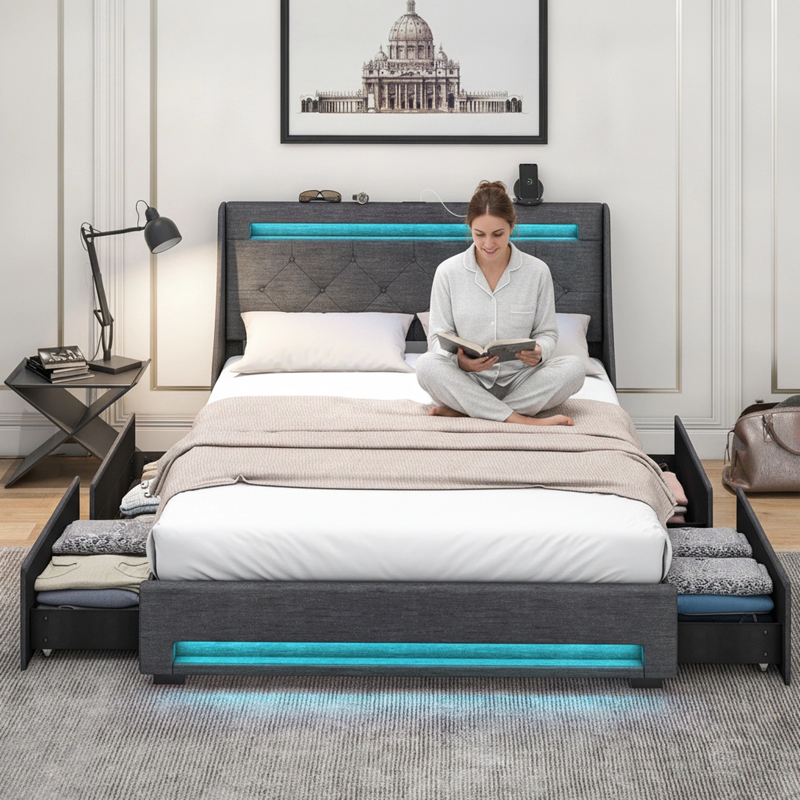 SUGIFT Full Upholstered Platform Bed with LED Lights, Tufted Wingback Headboard, Charging Station and 4 Drawers